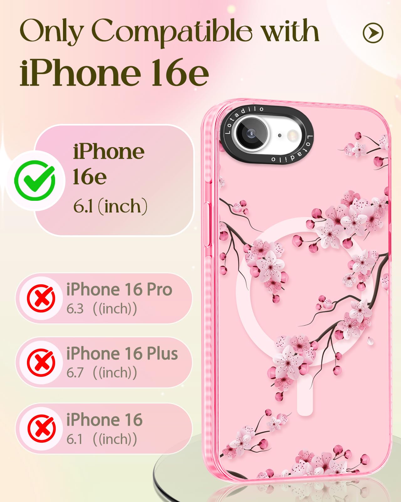 Lotadilo Cute Case For Iphone 16E For Women Girls - Funny Peach Blossom Design Compatible With Magsafe Magnetic Ring Holder Kick
