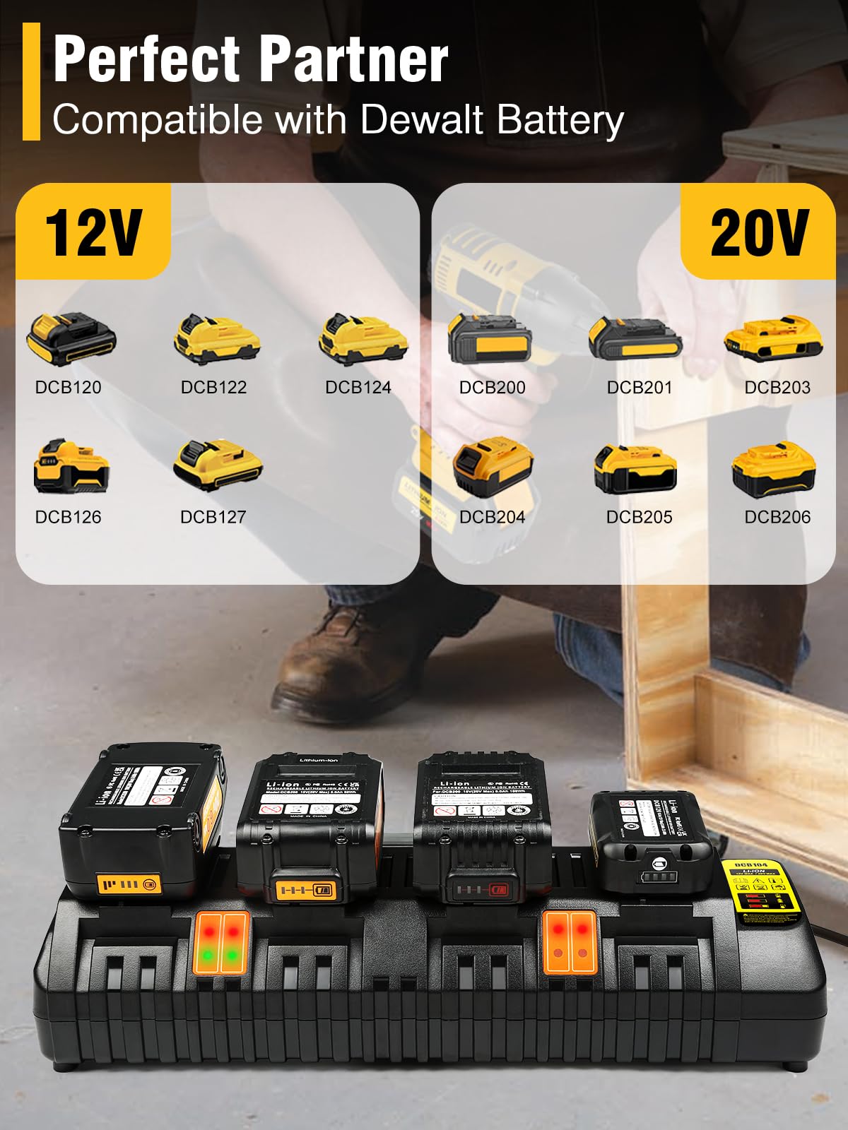 Dcb104 20V Max Battery Charger Replacement For Dewalt Battery Charger, 4 Port Multi Charger Station With 2 Usb Ports, Compatible