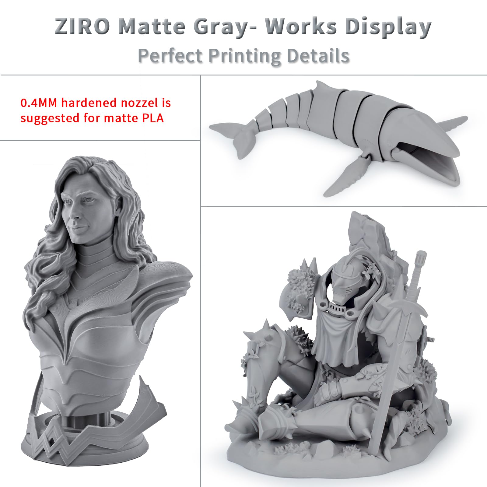 Ziro Matte Pla Filament 175Mm,1Kg 3D Printer Filament,High Toughness Pla,Dimensional Accuracy +  003Mm,Matte Pla Gray