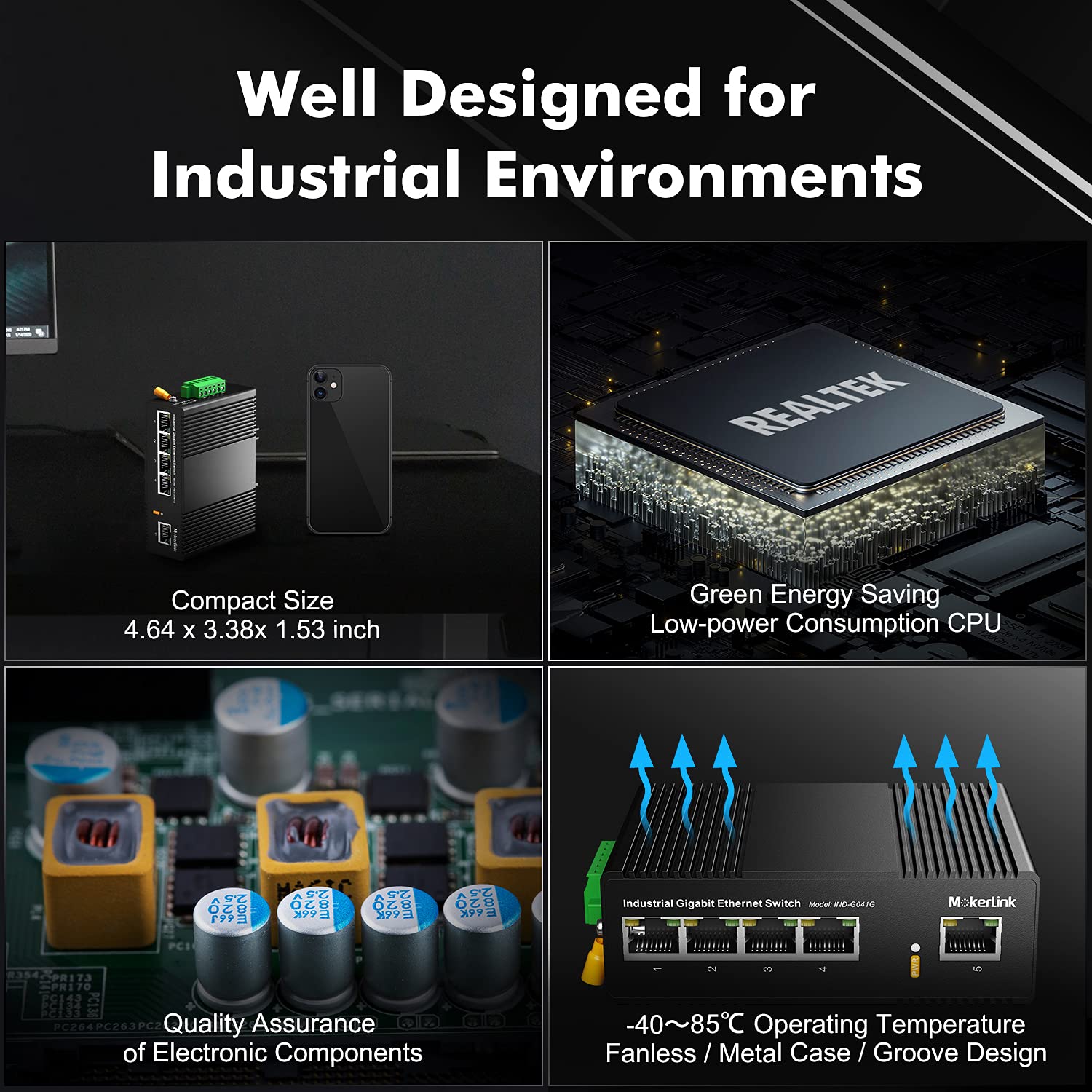 Mokerlink 5 Port Gigabit Industrial Din Rail Ethernet Switch, 14Gbps Switching Capacity, Ip40 Rated Network Switch ( 40 To 185F)