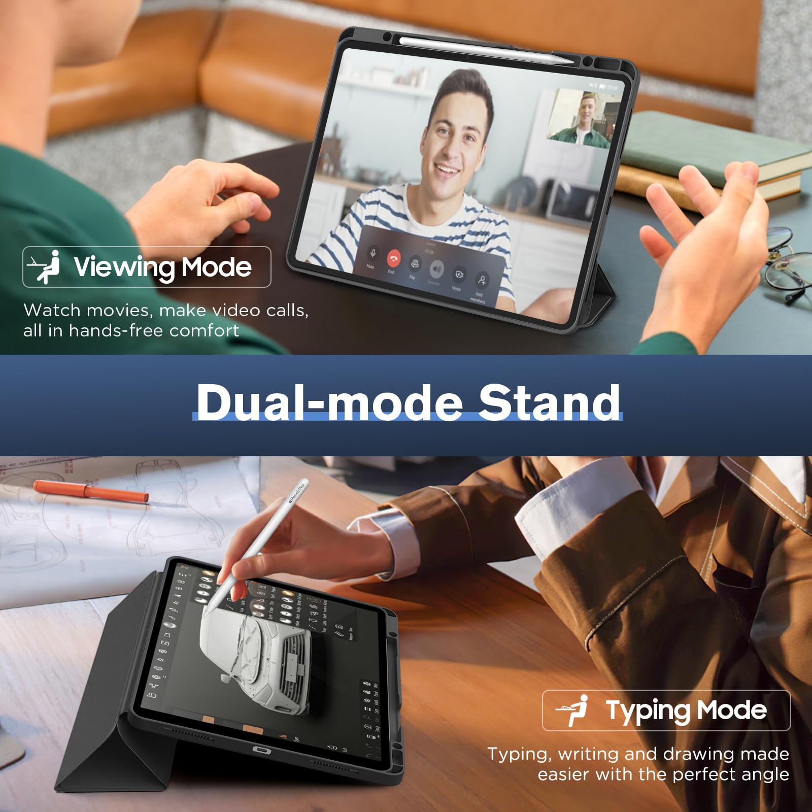 MoKo for iPad Air 13 Inch Case M2 2024/ iPad Pro 12.9 Case (6th/5th Gen 2022/2021) with Pencil Holder, Smart Protective Cover for iPad Air 13 inch with Back Trifold Stand, Auto Wake/Sleep, Black