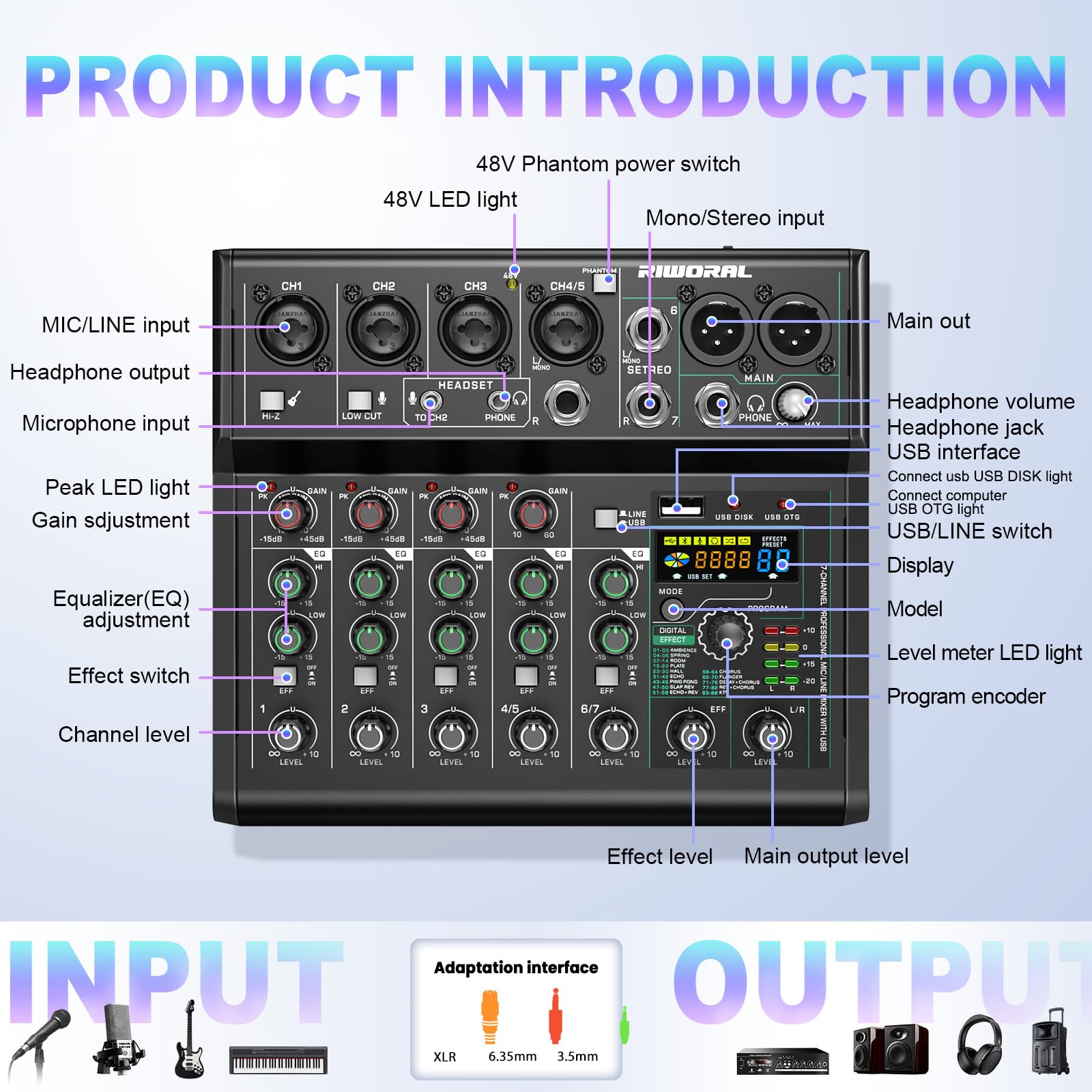 Usb Interface Audio 7 Channel Mixer With Effects 88 Dsp Digital Dj Mixing Board Bluetooth Music Player 48V Line For Condenser Mi