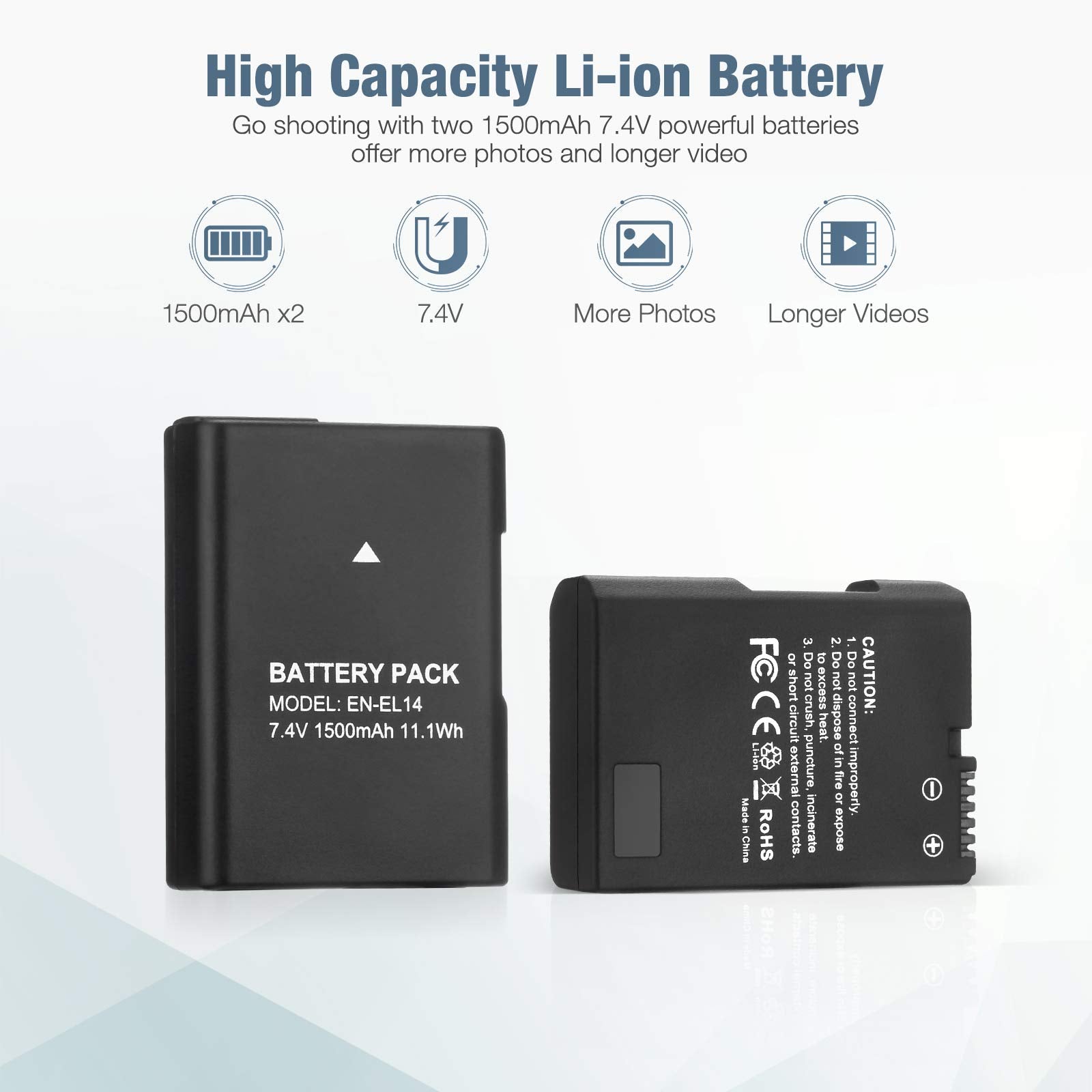 En El14 En El14A Battery 2 Pack 1500Mah Li Ion Batteries Compatible With Nikon D3100 D3200 D3300 D3400 D3500 D5100 D5200 D5300 D