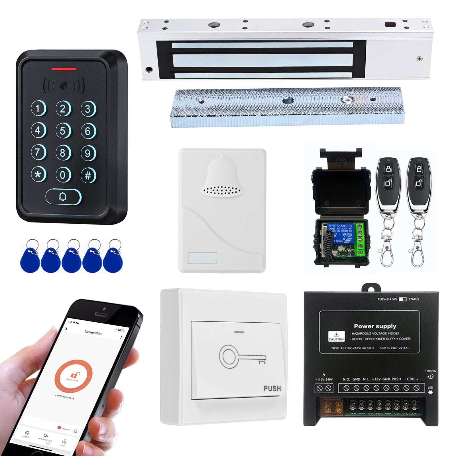Smart Door Access Control System with 280KG 600lbs Magnetic Lock, WiFi & Tuya App Remote Unlock, Waterproof Keypad Reader (ID & 