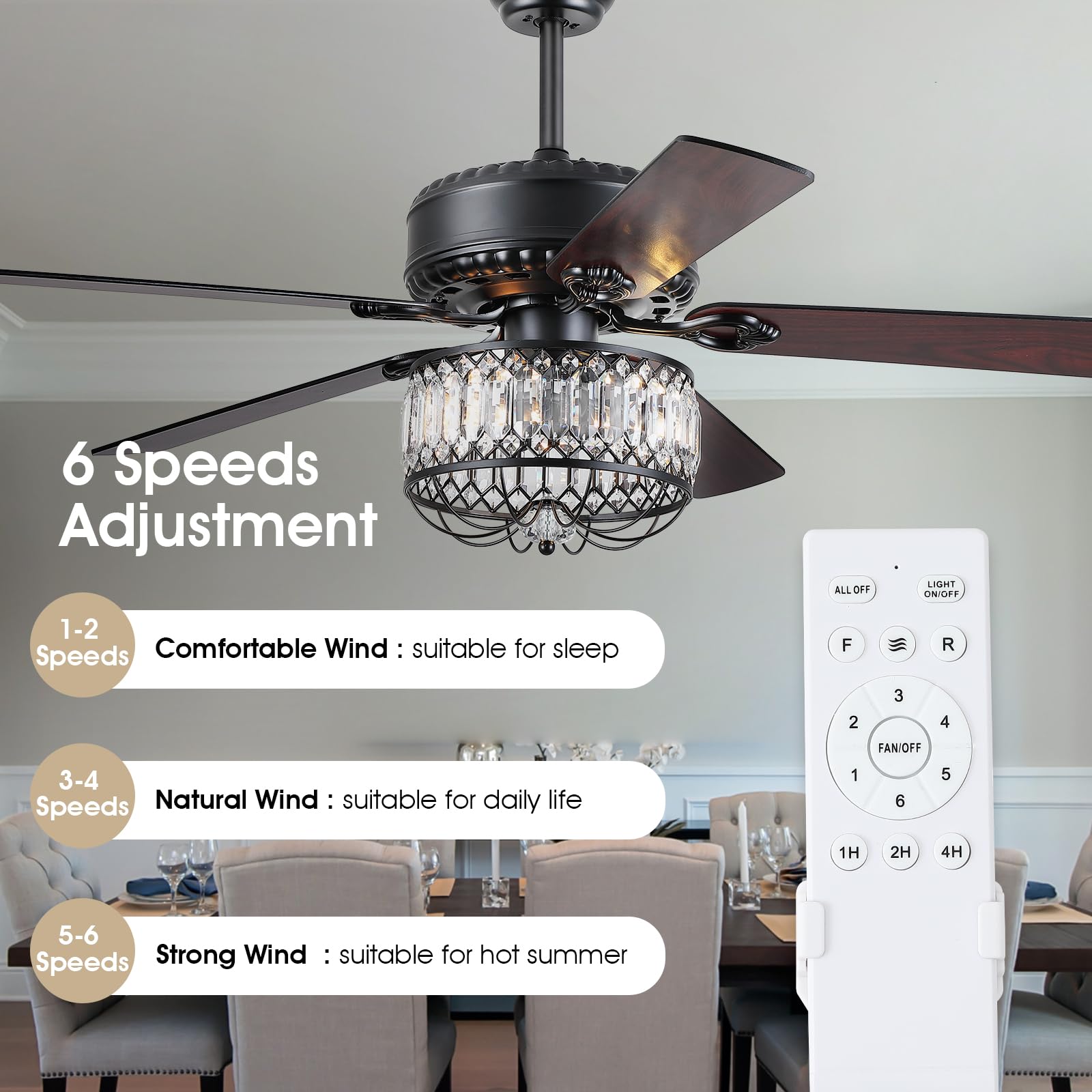 Kviflon Chandelier Ceiling Fans With Lights   52 Inch Modern Farmhouse Fandelier Ceiling Fan With Remote, Crystal Ceiling Fan Li