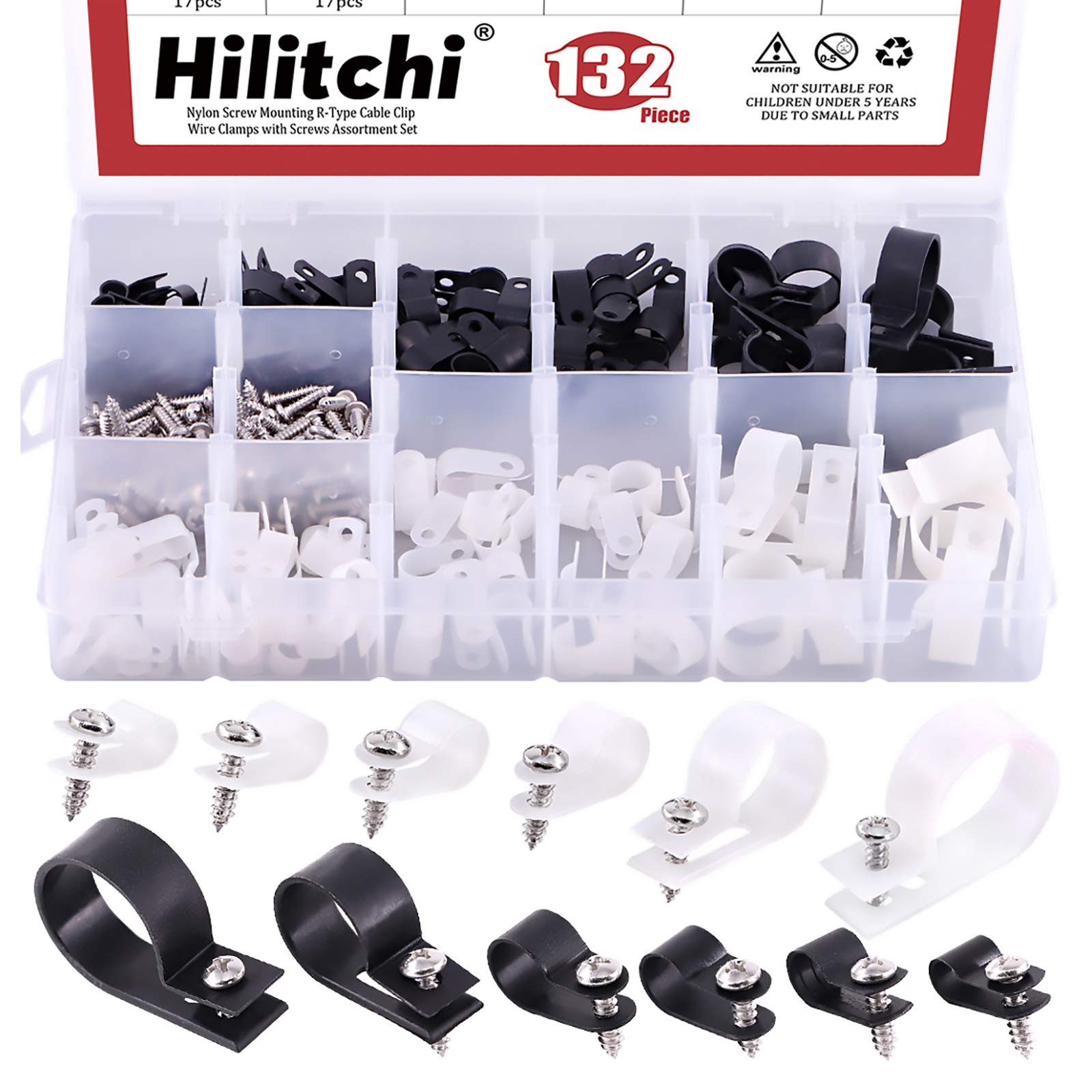 Hilitchi 132 Pcs 6 Sizes Black And White Plastic Cable Clamp R Type Screw Mounting Cord Fastener Cable Clips Assortment Kit With