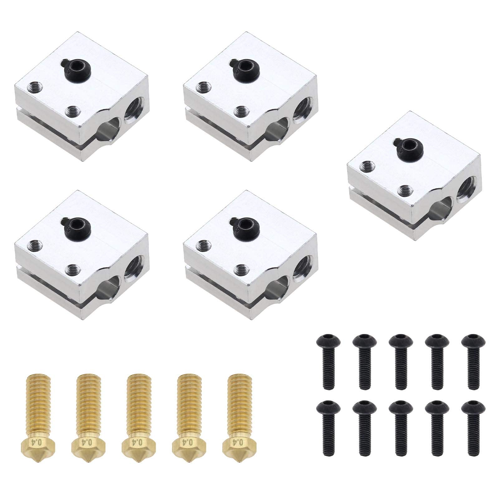 Micro Traders 3D Printer Part Each 5Pcs Aluminum Heater Blocks 5Pcs 0.4Mm Brass Nozzle Compatible With E3D V6 Volcano 1.75Mm Fil