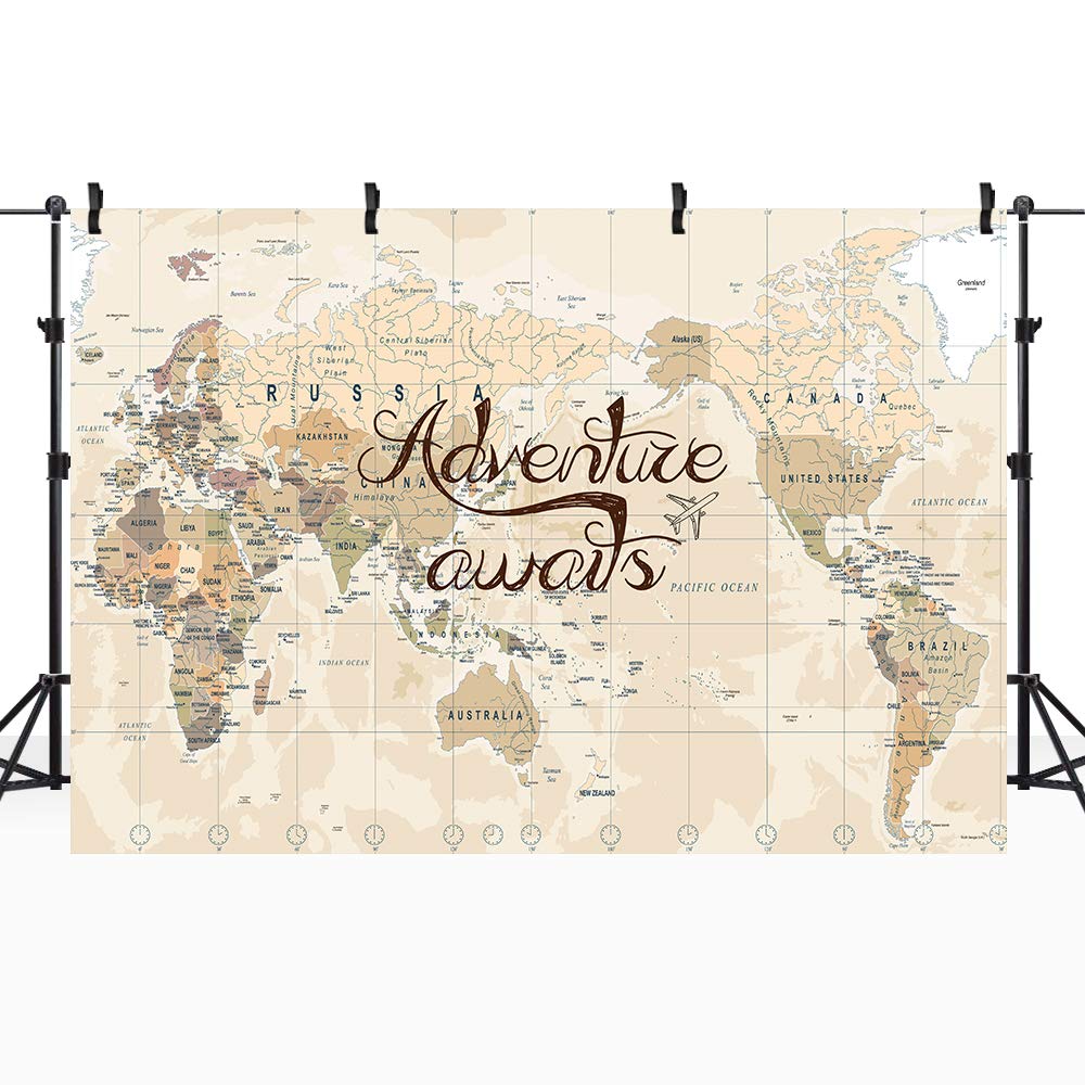 Riyidecor Adventure Awaits Backdrop World Map Photography Fabric Polyester Vintage Yellow And Brown 7Wx5H Feet Background Decora