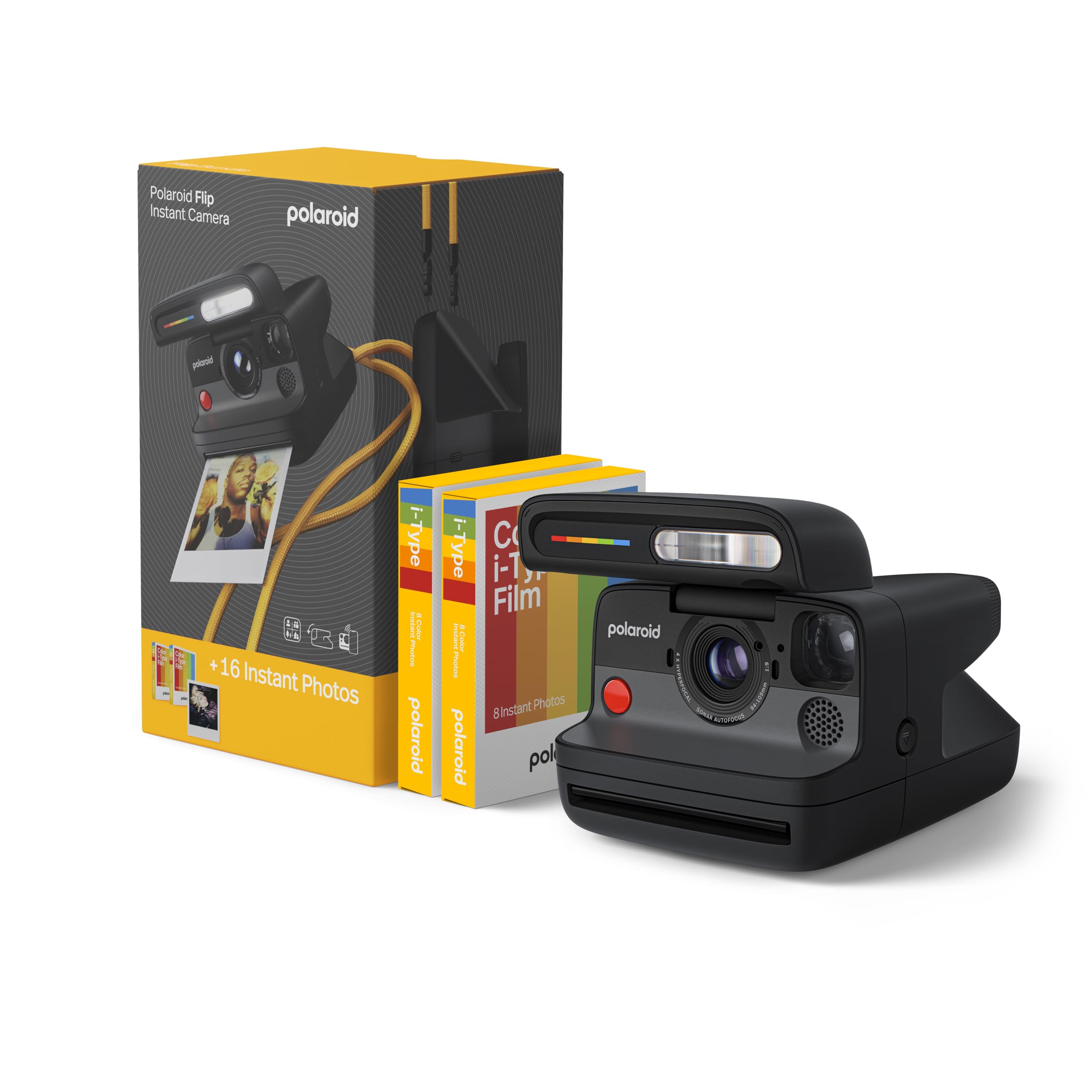 Polaroid Flip Instant Camera + Color Film Bundle (16 Photos Included) - Black (6565) - Hyperfocal 4-Lens System, Sonar autofocus