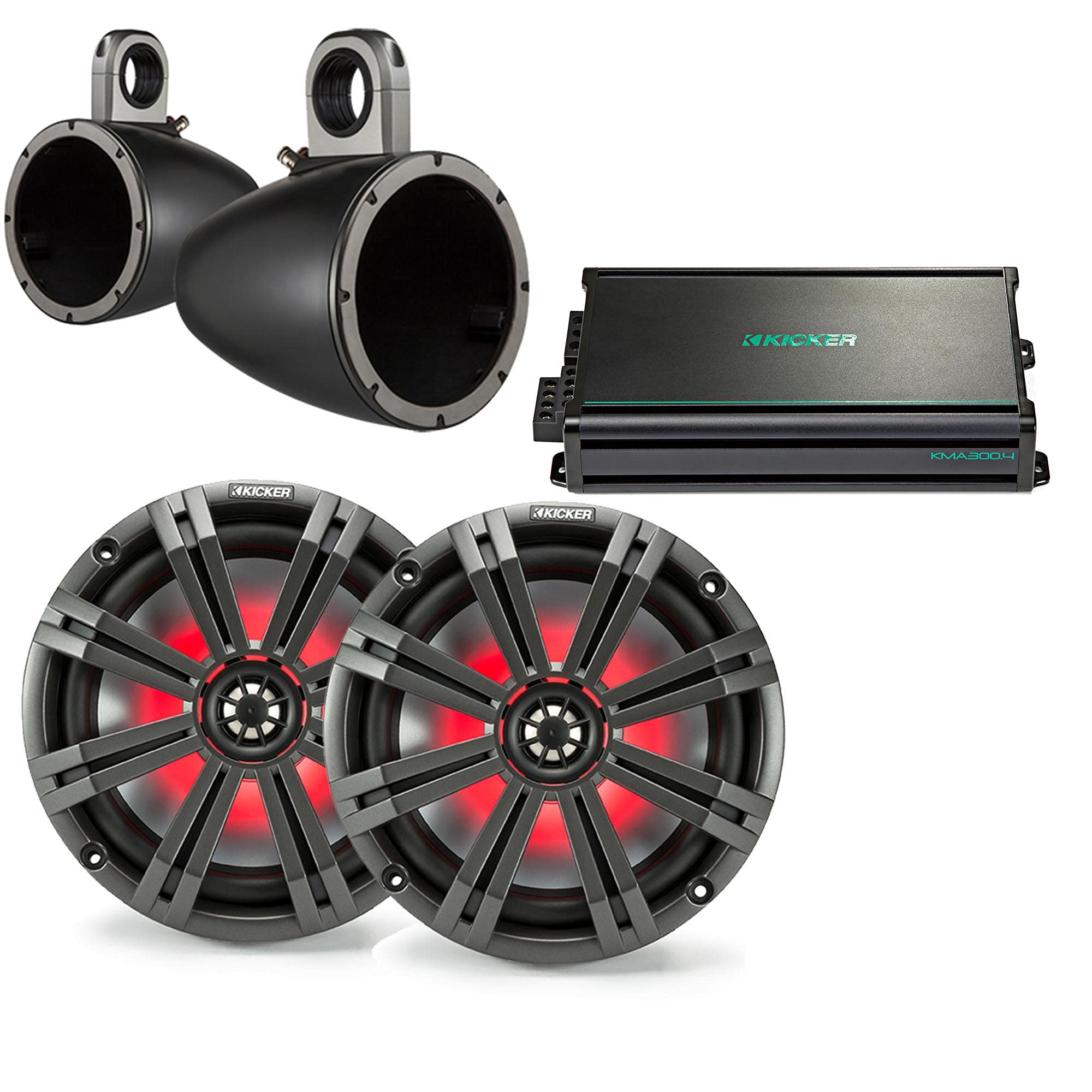KICKER 8 BlackCharcoal Wake Tower LED Marine Speakers 1-Pair with 300 Watt Marine Amplifier