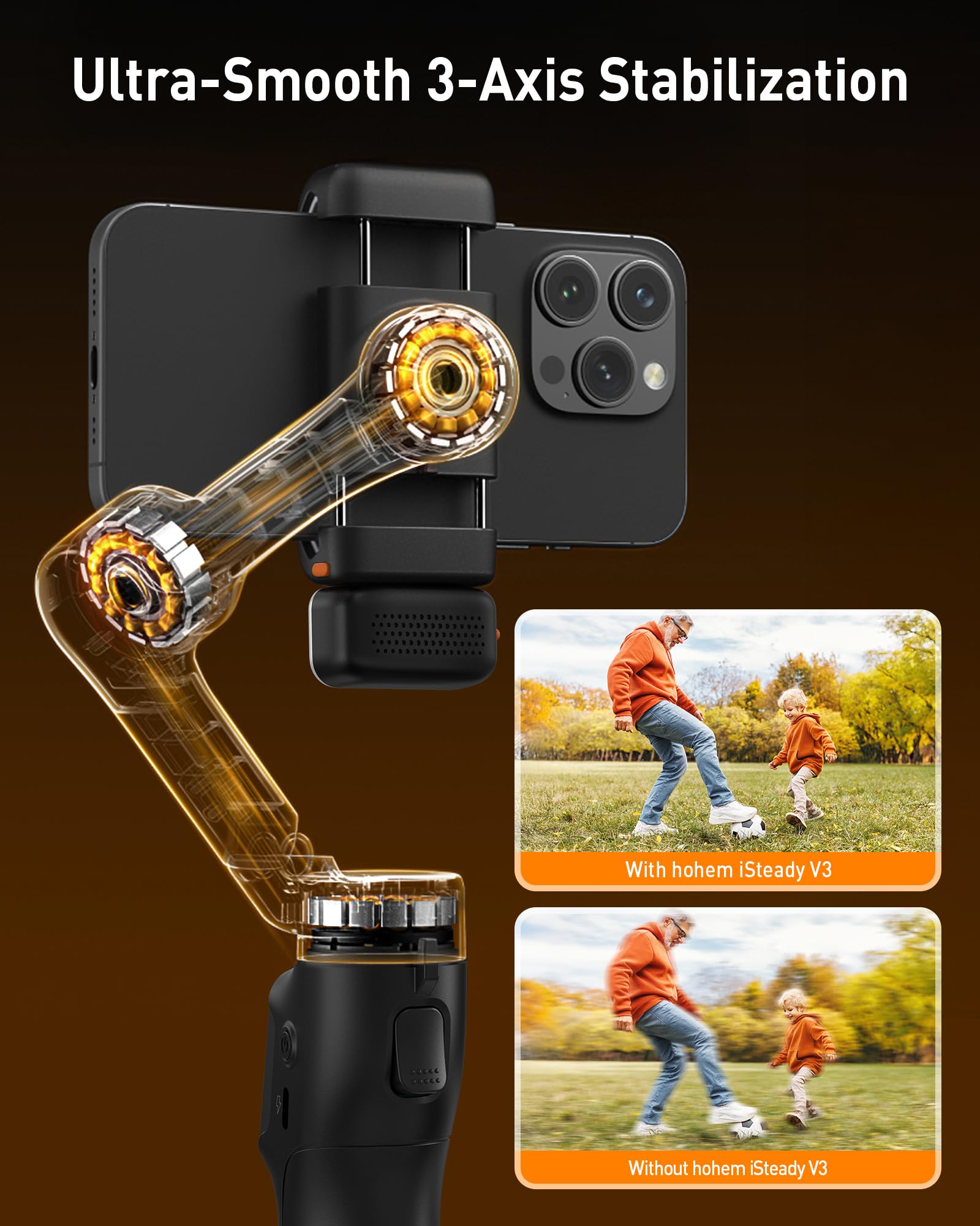 Hohem Isteady V3 Gimbal Stabilizer For Iphone, 3-Axis Phone Gimbal, Magnetic Ai Tracker, Built-In Extendable Rod & Tripod, Detac