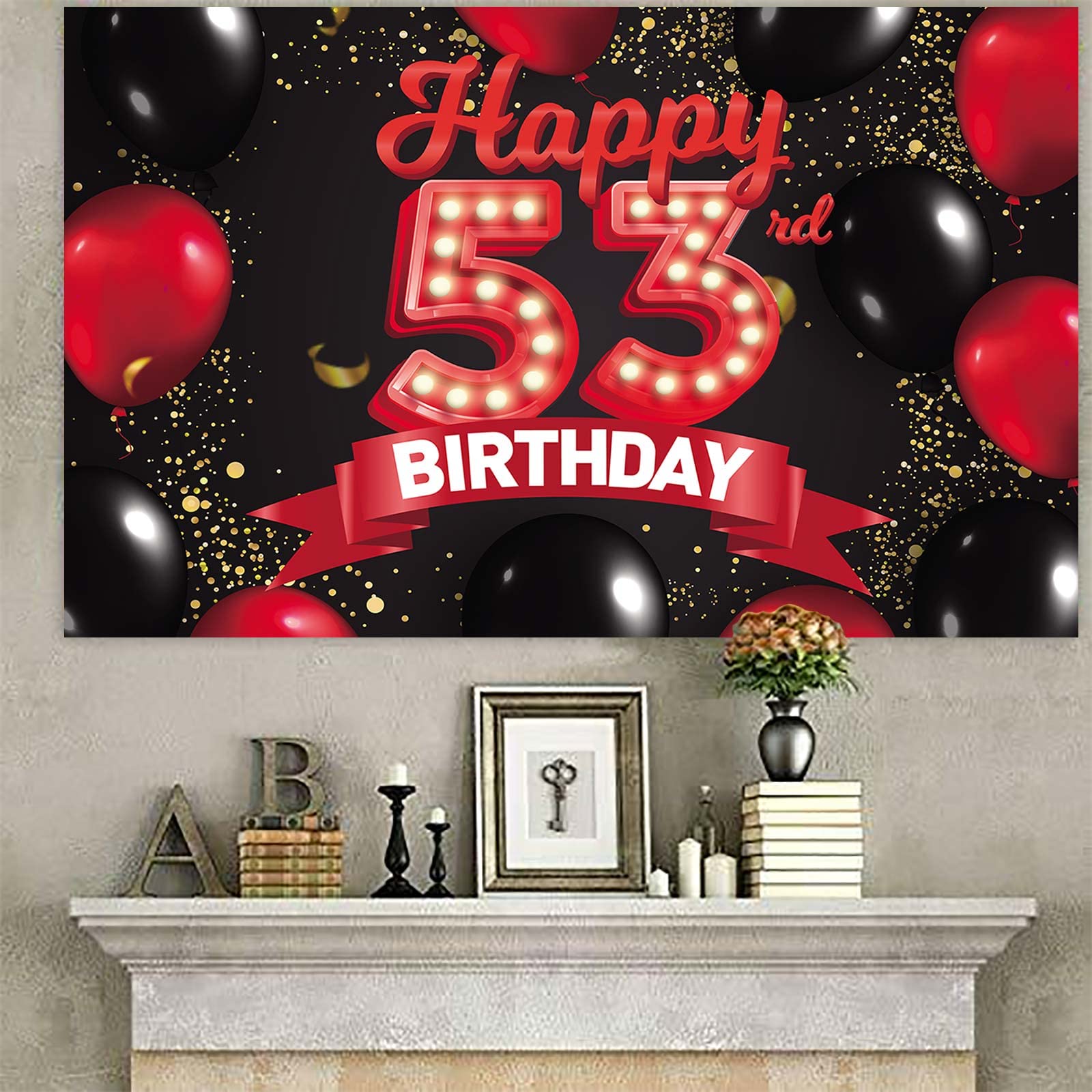 Happy 53Rd Birthday Red And Black Banner Backdrop Decorations Balloons Theme Decor For Girls Women Princess 53 Years Old Birthda