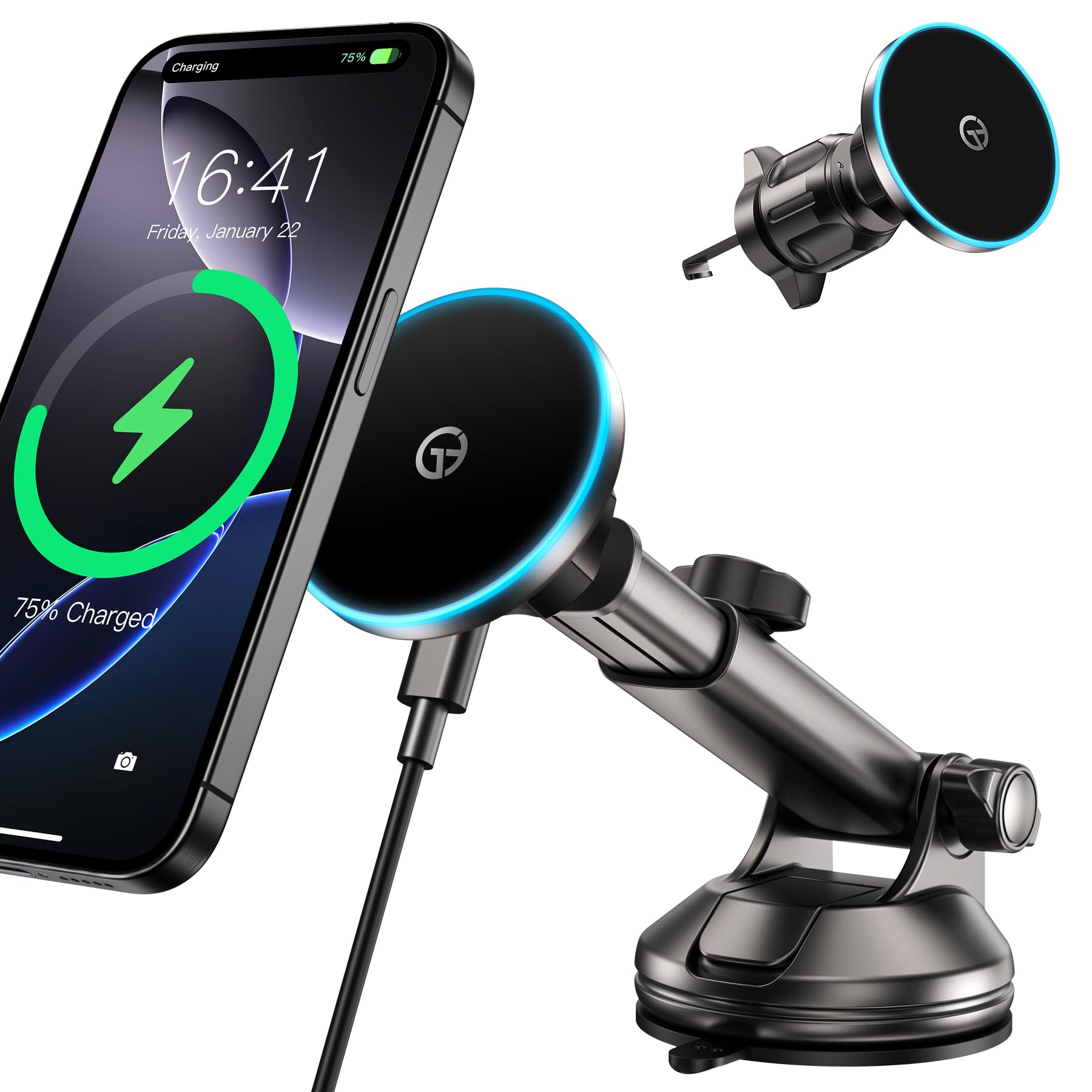 Gumosh For Mag-Safe Car Mount Charger Dash Vent Windshield Wireless Car Charger With Led Light, Strong Magnetic Phone Holder For