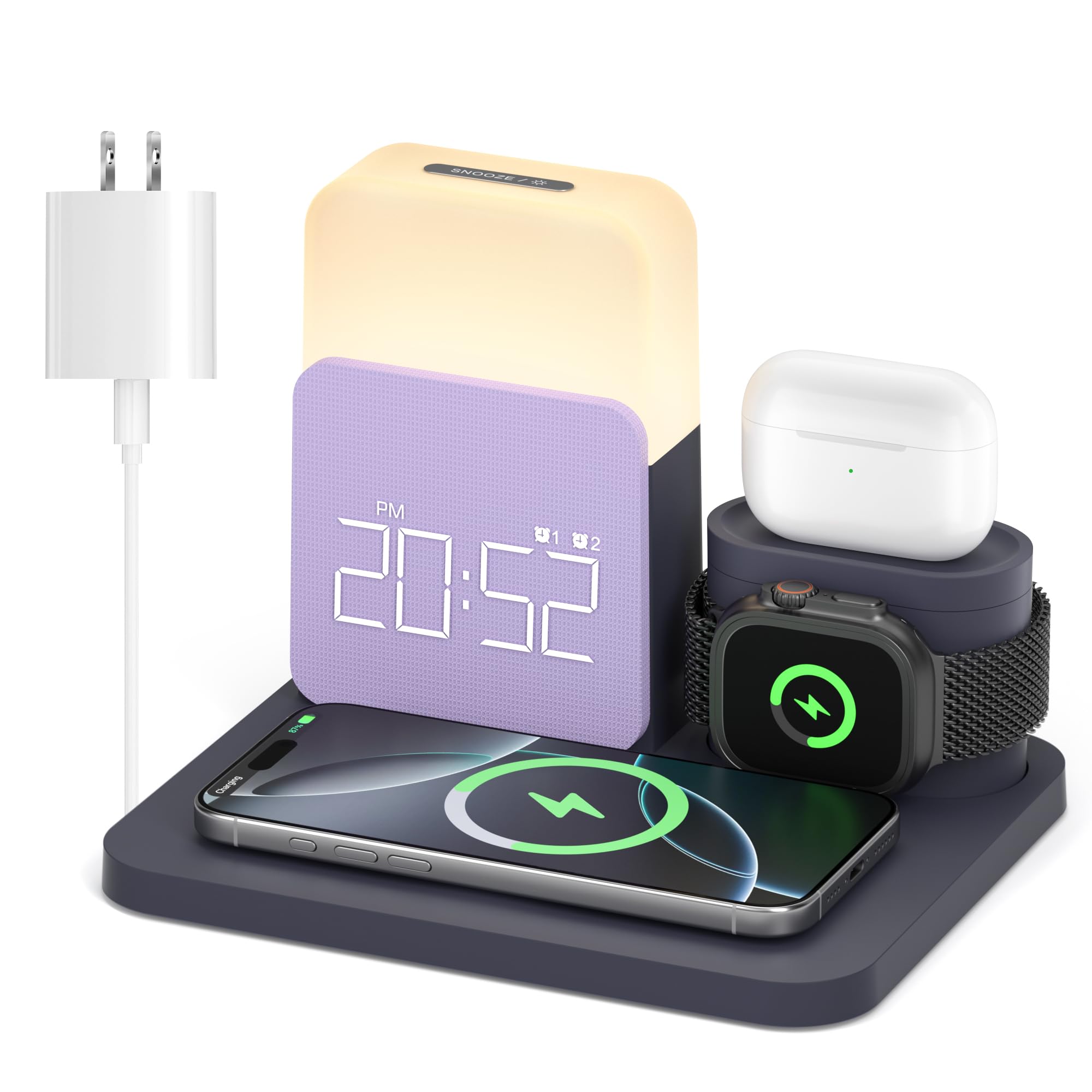 Alarm Clock Charging Station for Bedrooms, 7 in 1 Wireless Charging Station, Magnetic Charger with Night Light Bedside Clock for