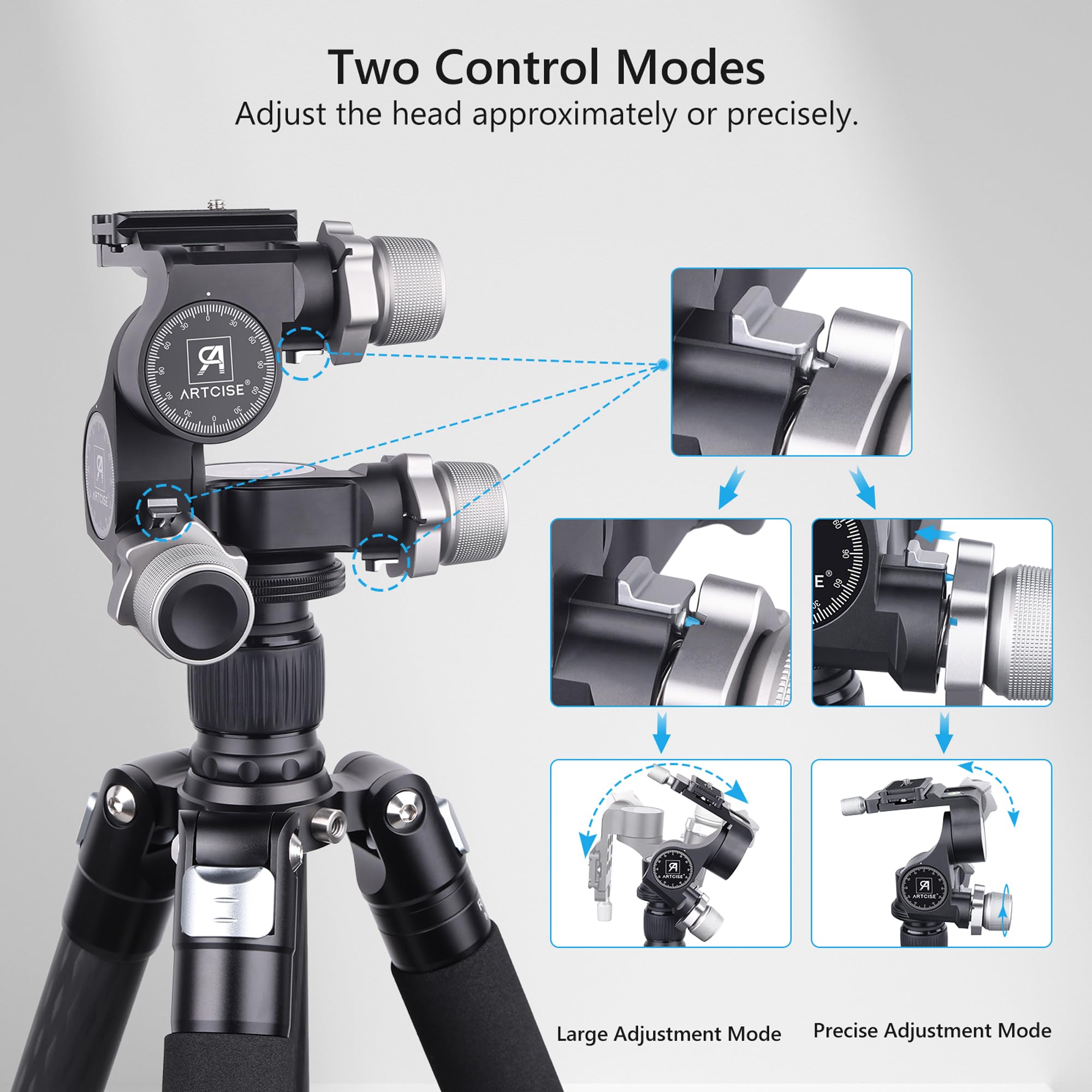Artcise 3 Way Geared Tripod Head With Arca Type Qr Plate,Supports Millimeter Micro Adjustment, 3 Axis Pan/Tilt Fluid Head With Large/Fine Quick Switch Dual Mode, Max Load11Lb