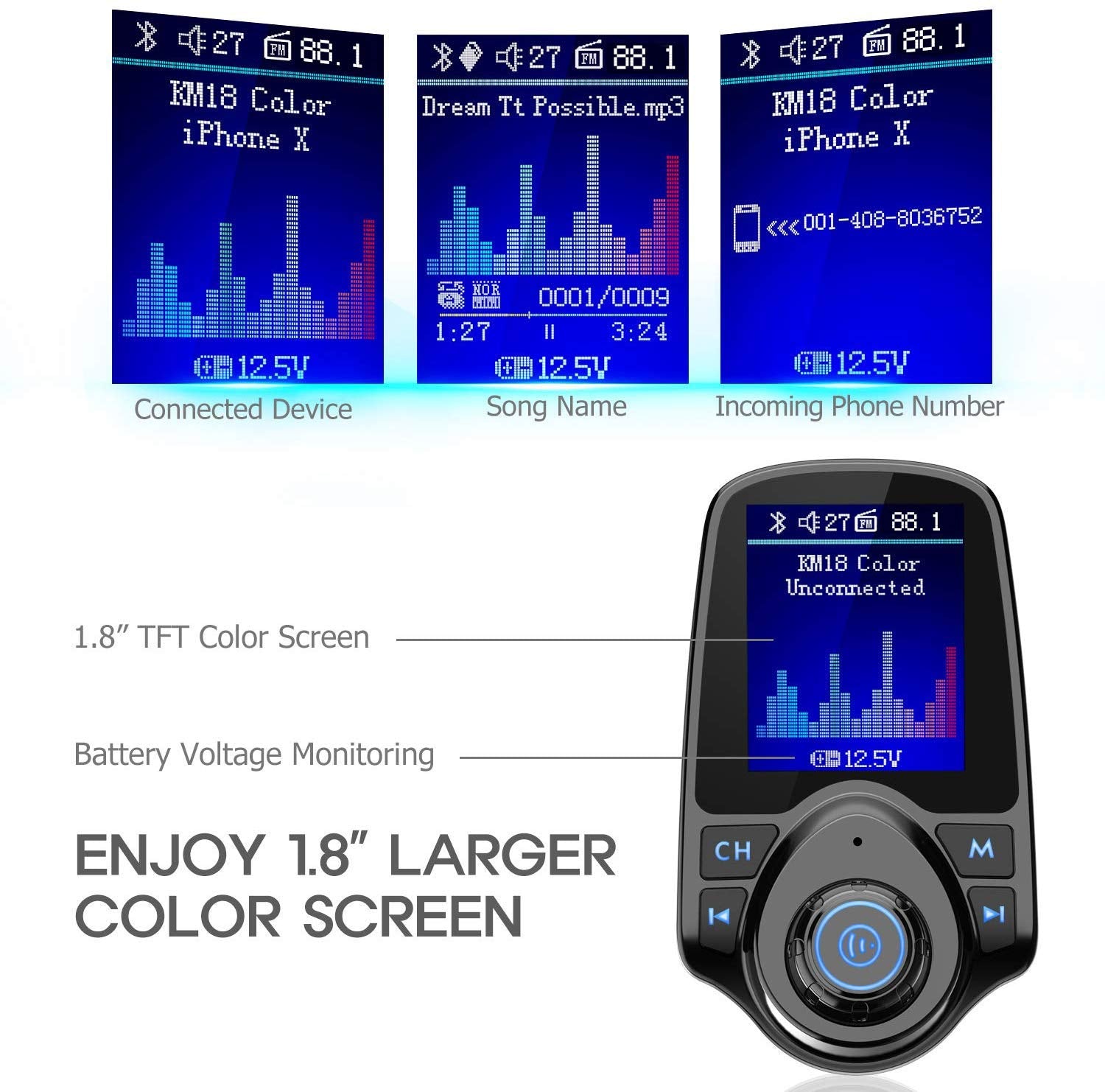 Nulaxy Wireless In Car Bluetooth Fm Transmitter Radio Adapter Car Kit W 1.8 Inch Display Supports Tf Sd Card And Usb Car Charger For All Smartphones Audio Players Km18 Color