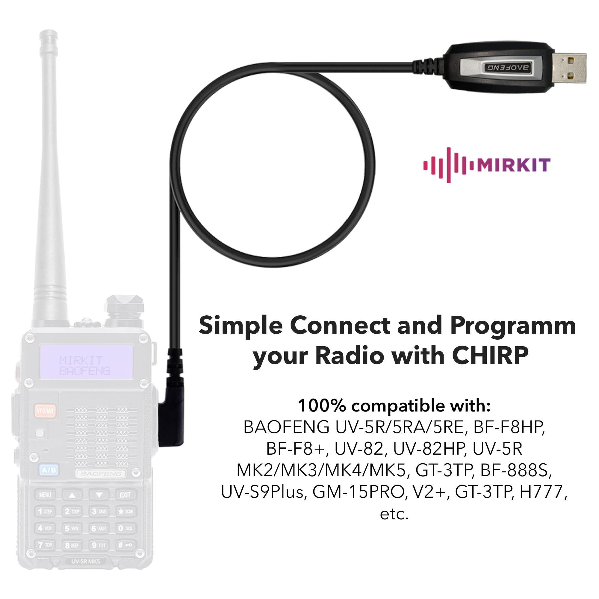 Mirkit Baofeng Programming Cable For Two Way Ham Portable Radios: Uv 5R, 5Ra, 5R Plus, 5Re, Uv 82, Bf F8Hp, Uv3R Plus, Bf 888S, 5R Ex, 5Rx3, Ga 2S, Bf F8+, H777 Uv82Hp