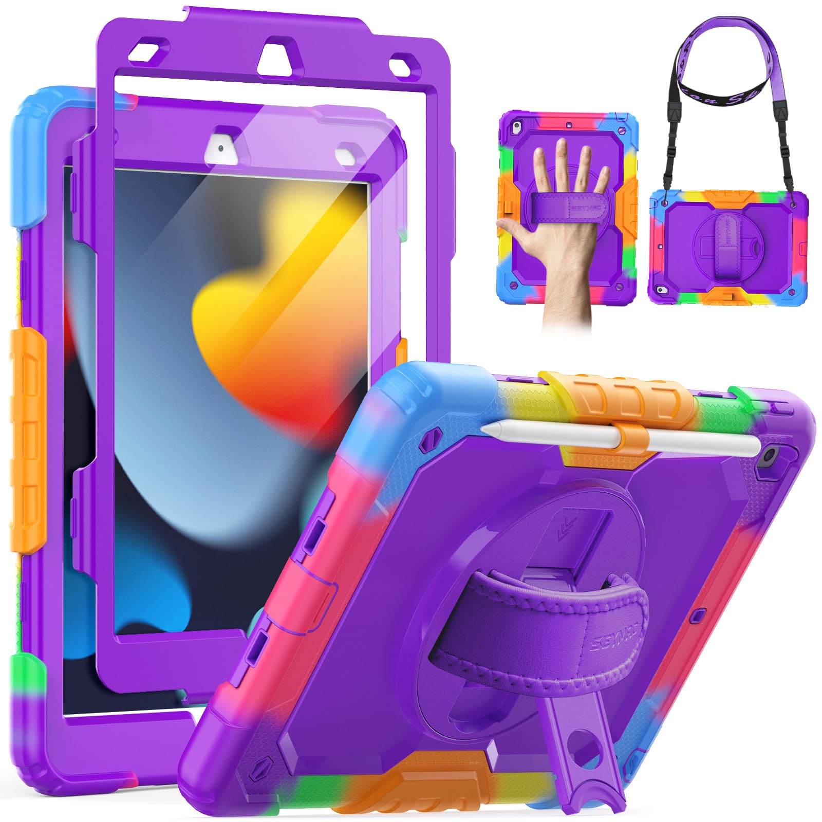 Seymac Kids Case For Ipad 9Th/8Th/7Th Generation 10.2 Inch With Screen Protector, Rotatable Hand Strap/Stand, Shoulder Strap, Shockproof Heavy Duty Protective Case For Ipad 10.2, Colorful Purple