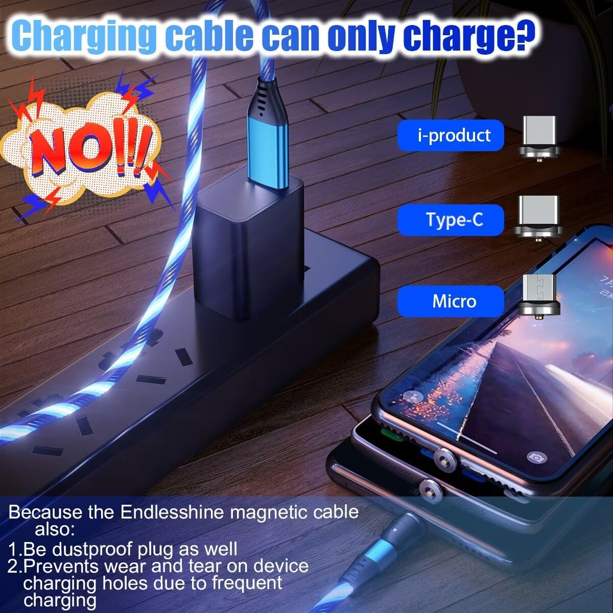 Endlesshine Pro 360 Led Glowing Magnetic Phone Charger [3Pack 3.3/6.6/6.6Ft] Usb To Usb C Cable, Micro Usb, I Porduct Compatible, El Wire Light Up Charger Magnetic Charging Cable (Blue)