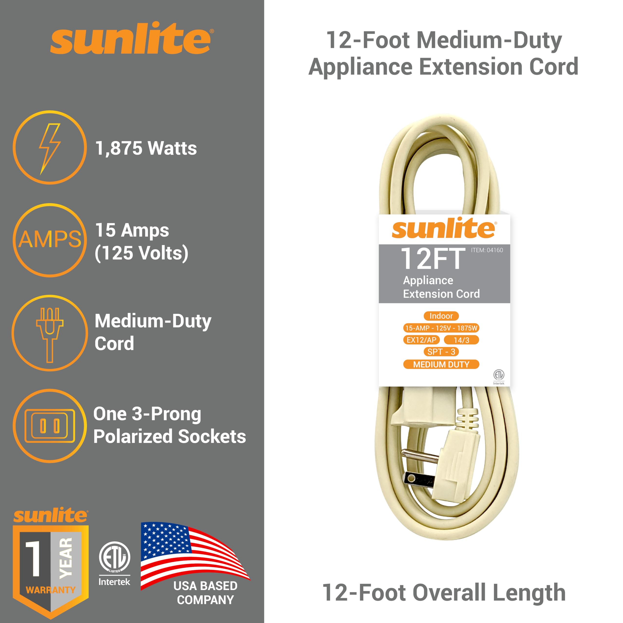 Sunlite 04160 Su Ex12/Ap Medium Duty 12 Foot Appliance Extension Cord, Three Prong, 14/3 Gauge, 15 Amp, Beige