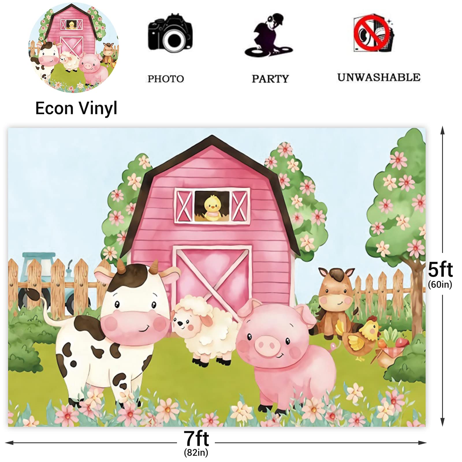 10X6.5Ft Cartoon Farm Animals Party Backdrop Pink Barn Girl Baby Shower Birthday Photography Background Farmland Animals Cows Pi