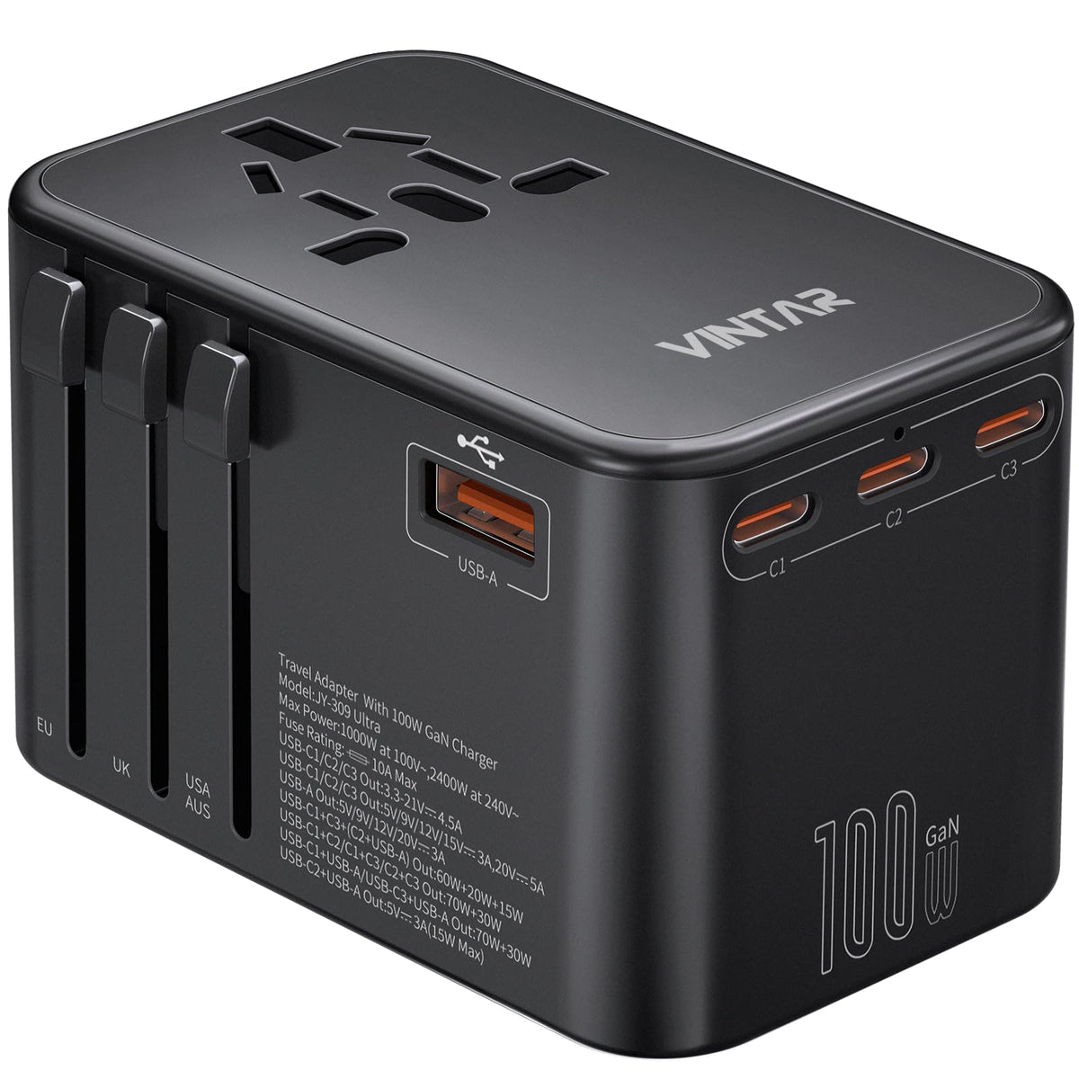 Universal Travel Adapter, Vintar 100W Gan International Power Adapter With 3 Usb-C Pd Fast Charging And 2 Usb-A Qc, All-In-One O