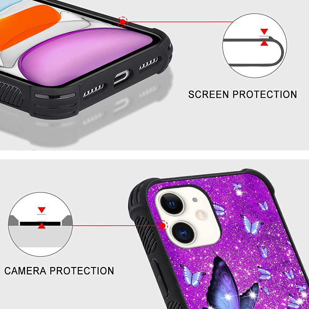 Ziye Designed For Iphone 11 Case Purple Butterfly Hard Lanyard Case With Phone Ring Holder,Full Body Protection Shockproof Drop