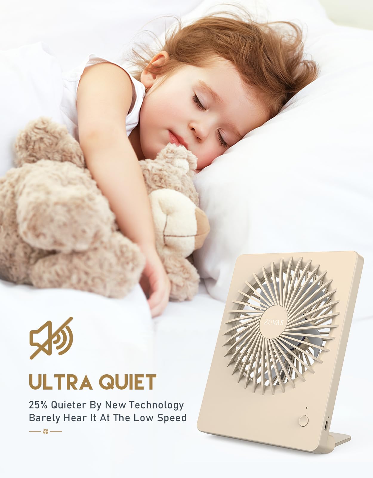 Zuvas Desk Fan Battery Operated Rechargeable 180Tilt Folding Personal Ultra Quiet Small Portable Fan Beige