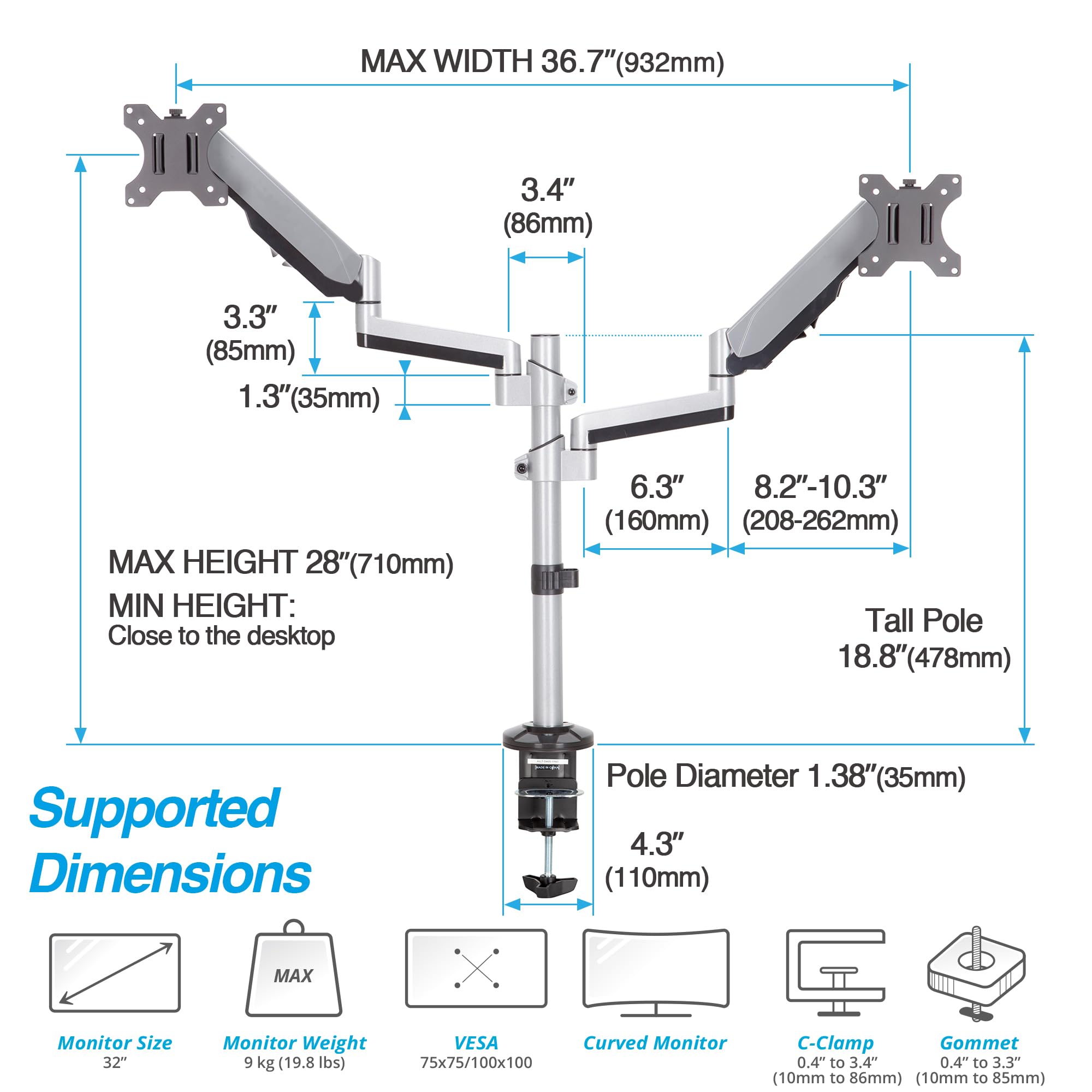 Avlt Dual 17'' 32'' Stacked Monitor Arm Desk Mount Fits Two Flat/Curved Monitor Full Motion Height Swivel Tilt Rotation Adjustab