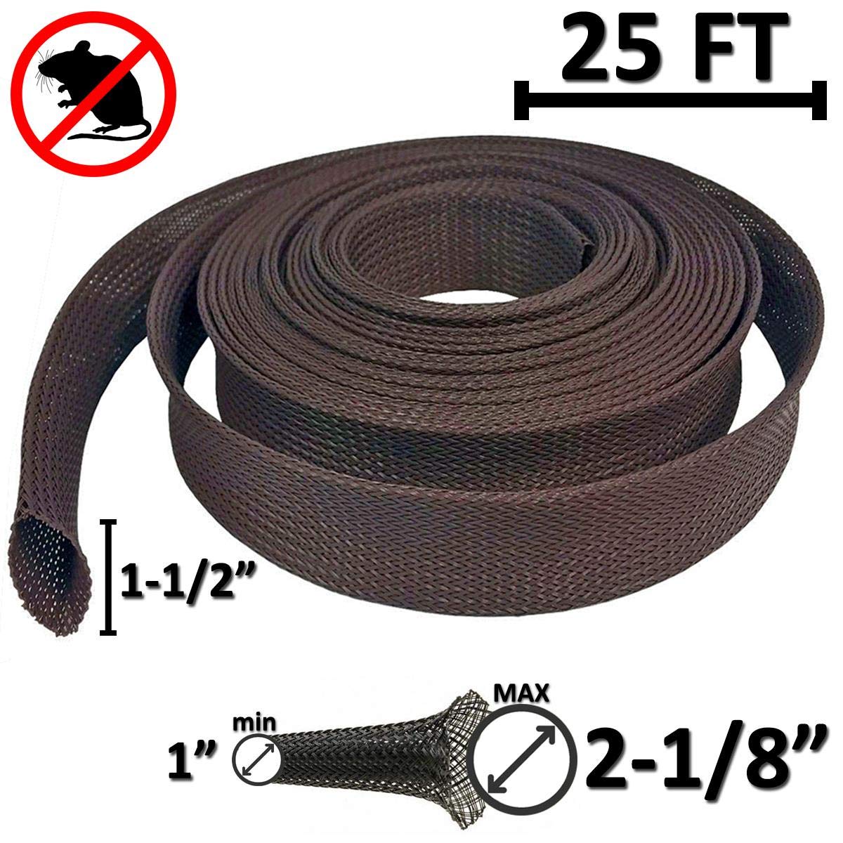 Electriduct 1.5'' Chewing Resistant Braided Sleeving Repulsive Hose Wire Mesh Cable Protection Flexible Expandable Wrap   25 Fee
