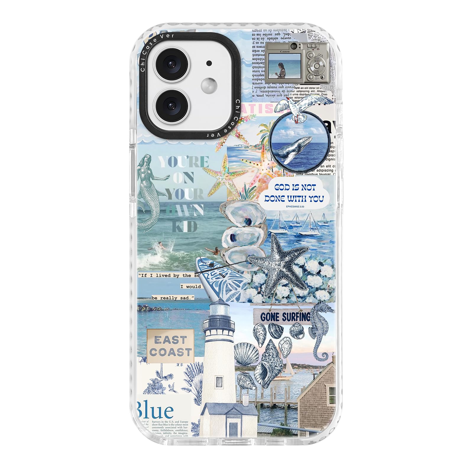 ChiCaseVer for iPhone 12 mini Case,Coastal Inspiration Collage with Mermaid,Military-Grade Drop Protection,Vintage Coastal Soft 