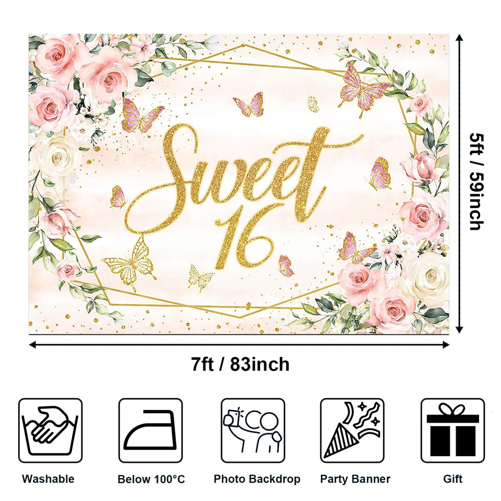 Avezano Sweet 16 Backdrop Blush Pink Flower Butterfly 16Th Birthday Party Background For Girls Sweet 16 Birthday Banner Cake Tab