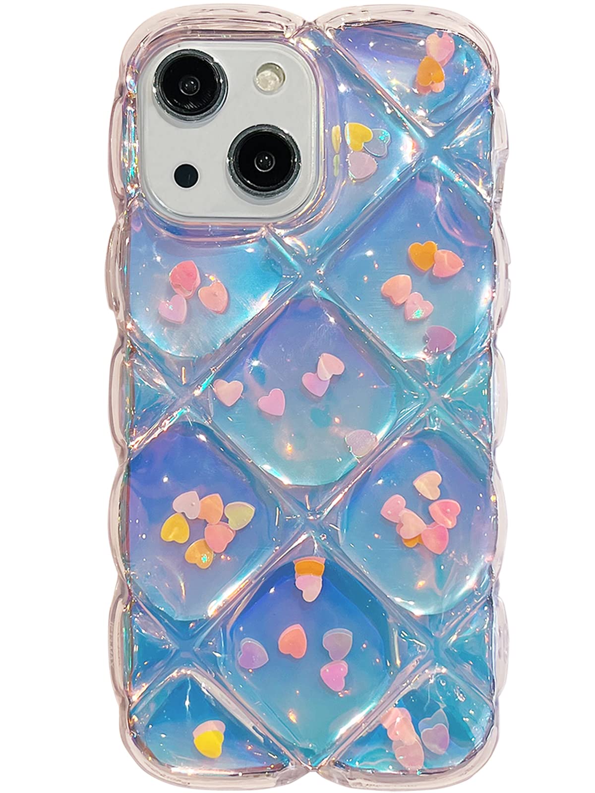 Qokey Compatible With Iphone 14 Plus Case 6.7'',Cute Laser Gradual Bling Love Heart Glitter Clear+Translucent Card Soft Wave Fra