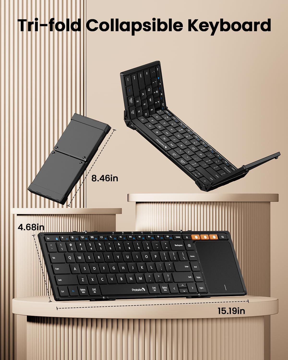 Protoarc Foldable Keyboard With Touchpad, Xk01 Tp Folding Portable Keyboard, Full Size Keys, Large Trackpad Bluetooth Travel Key