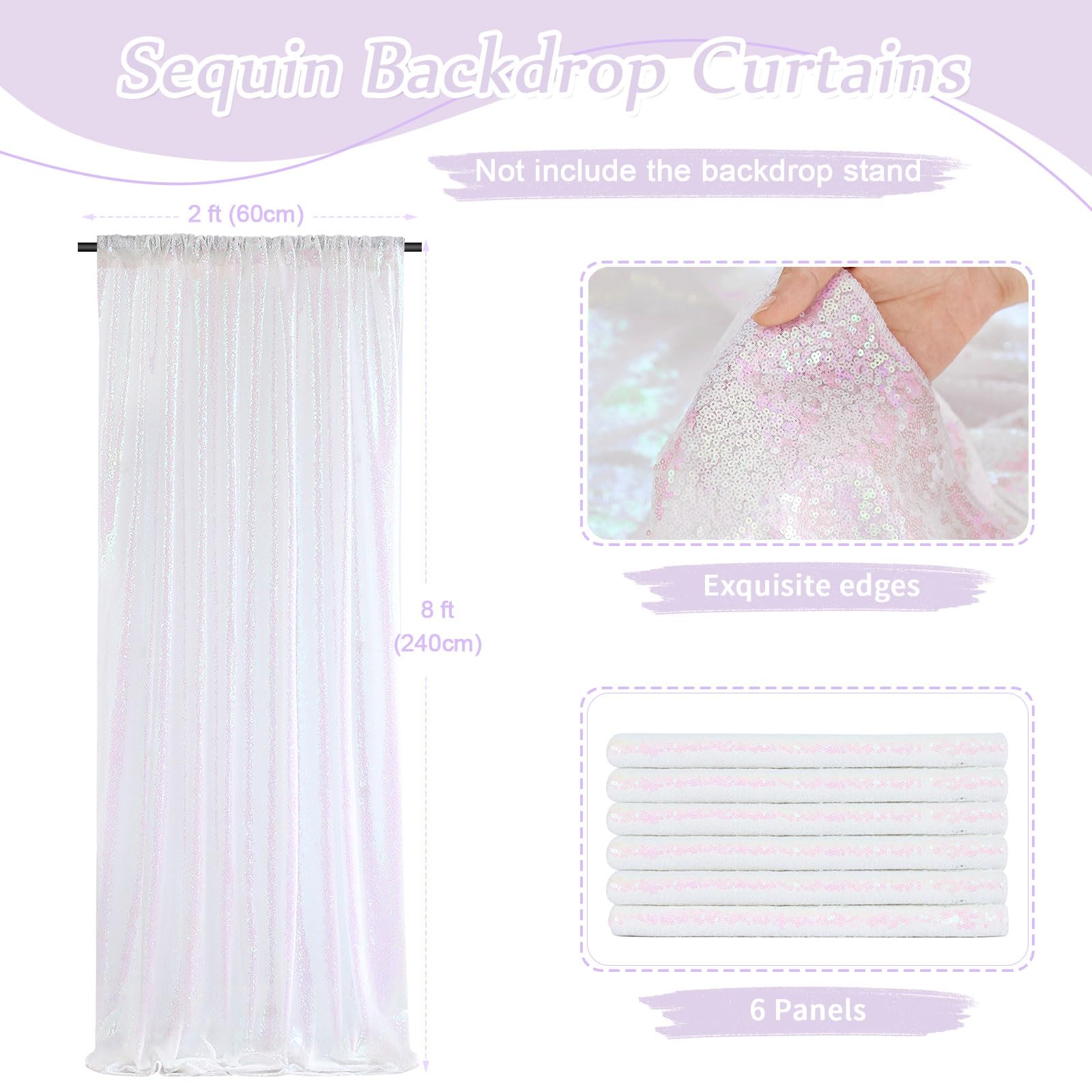 Soardream White Iridescent Sequin Backdrop Curtains 6 Pieces 2Ft X 8Ft Sequin Fabric Backdrop Glitter Drapes Baby Shower Backgro