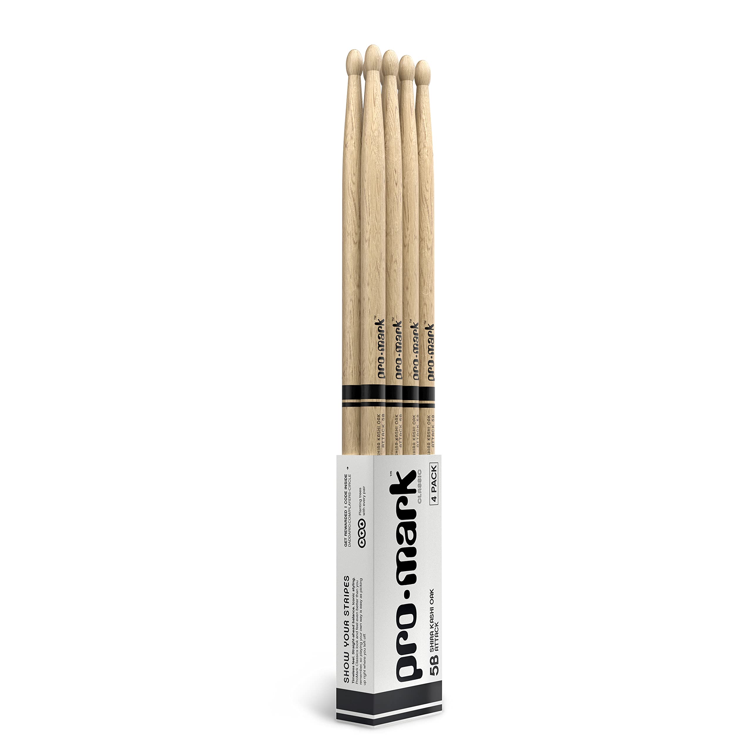 Promark Classic Attack 5B Shira Kashi Oak Drumsticks, Oval Wood Tip, Buy 3 Pairs Get 1 Free