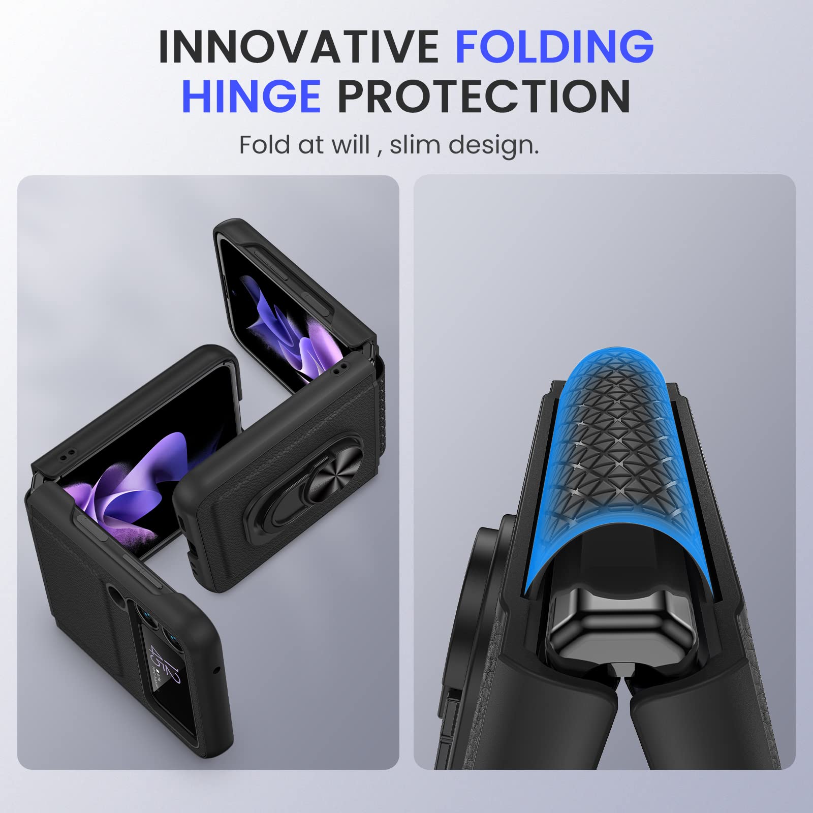 Vego For Galaxy Z Flip 3 Case With Hinge Protection, 360   Rotate Ring Stand Magnetic Cover Case With Built In Tempered Glass Ca