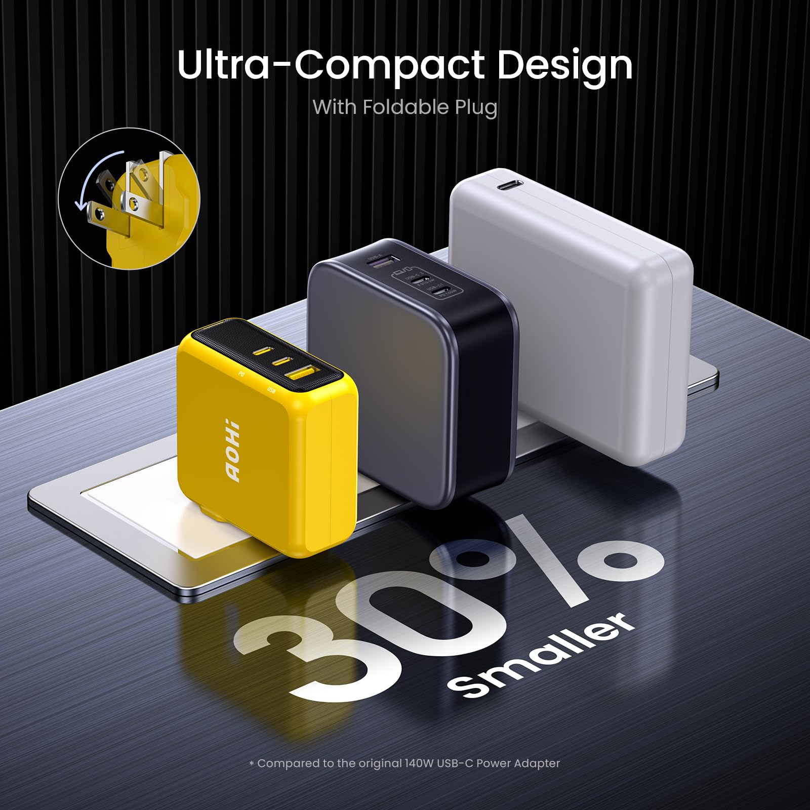 Aohi Magcube 140W Usb C Charger Pd3.1 3 Port Gan+ Laptop Wall Charger 100W Fast Charging Power Adapter Foldable Plug For Macbook