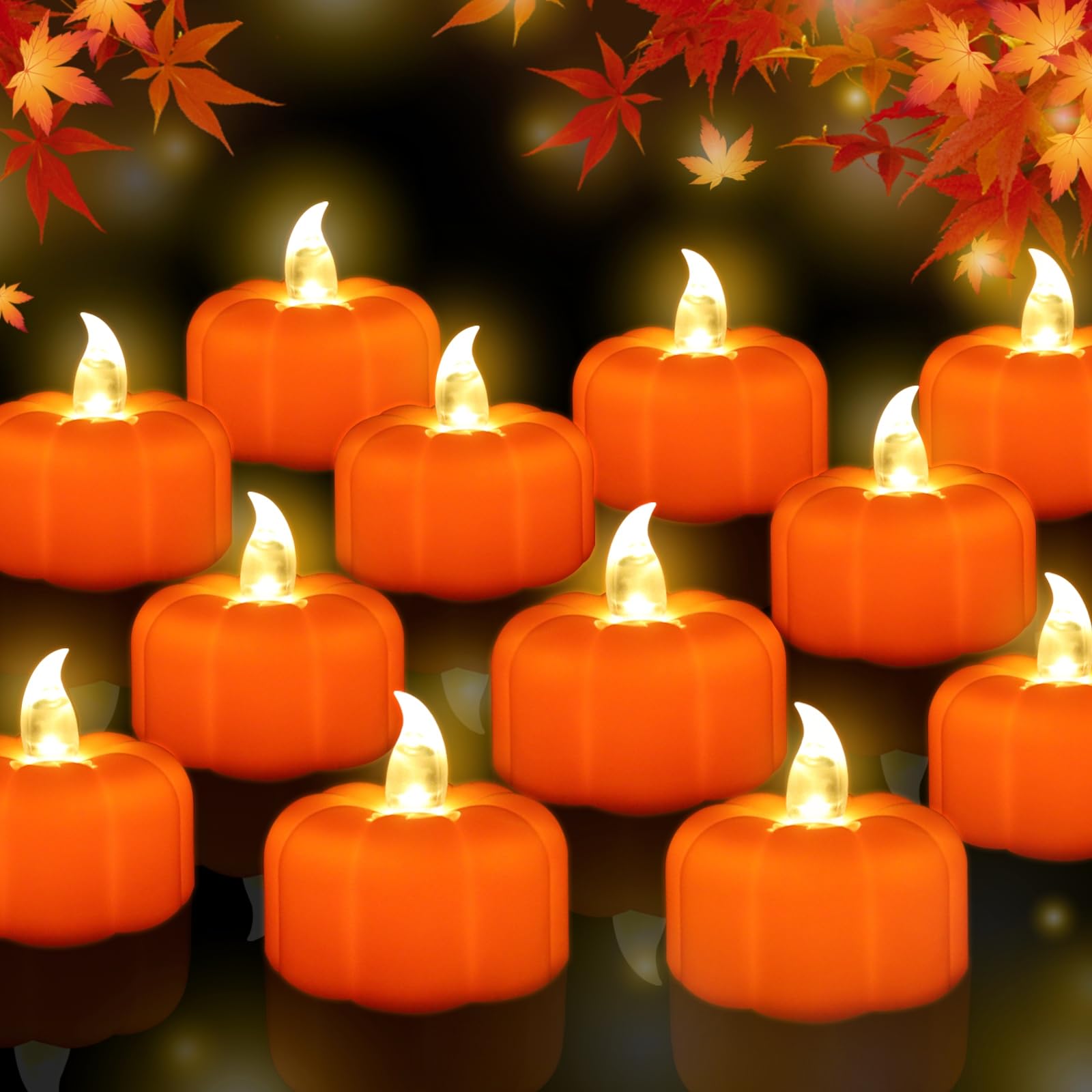 Thanksgiving Pumpkin Tea Lights Decorations Fall Decor, 24 Pack Led Orange Pumpkin Lights Flameless Candles Battery Operated, Ha