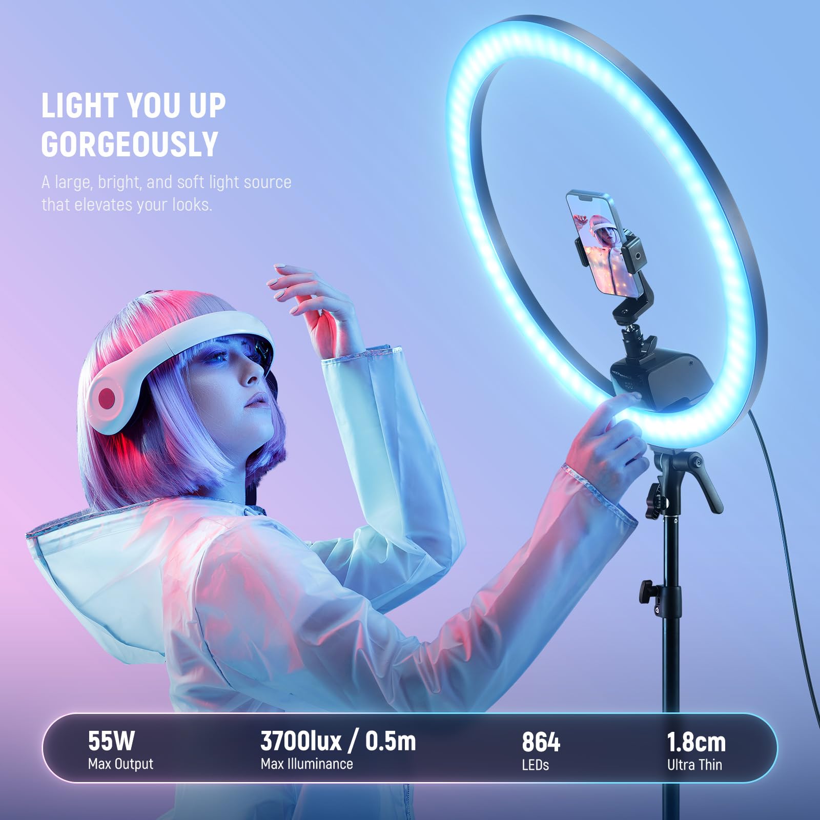 Neewer Srp18C Rgb Led Ring Light Kit, Ultra Slim App Control With Reversible Light Stand, Phone Holder, Ball Head, 2500K 10000K,