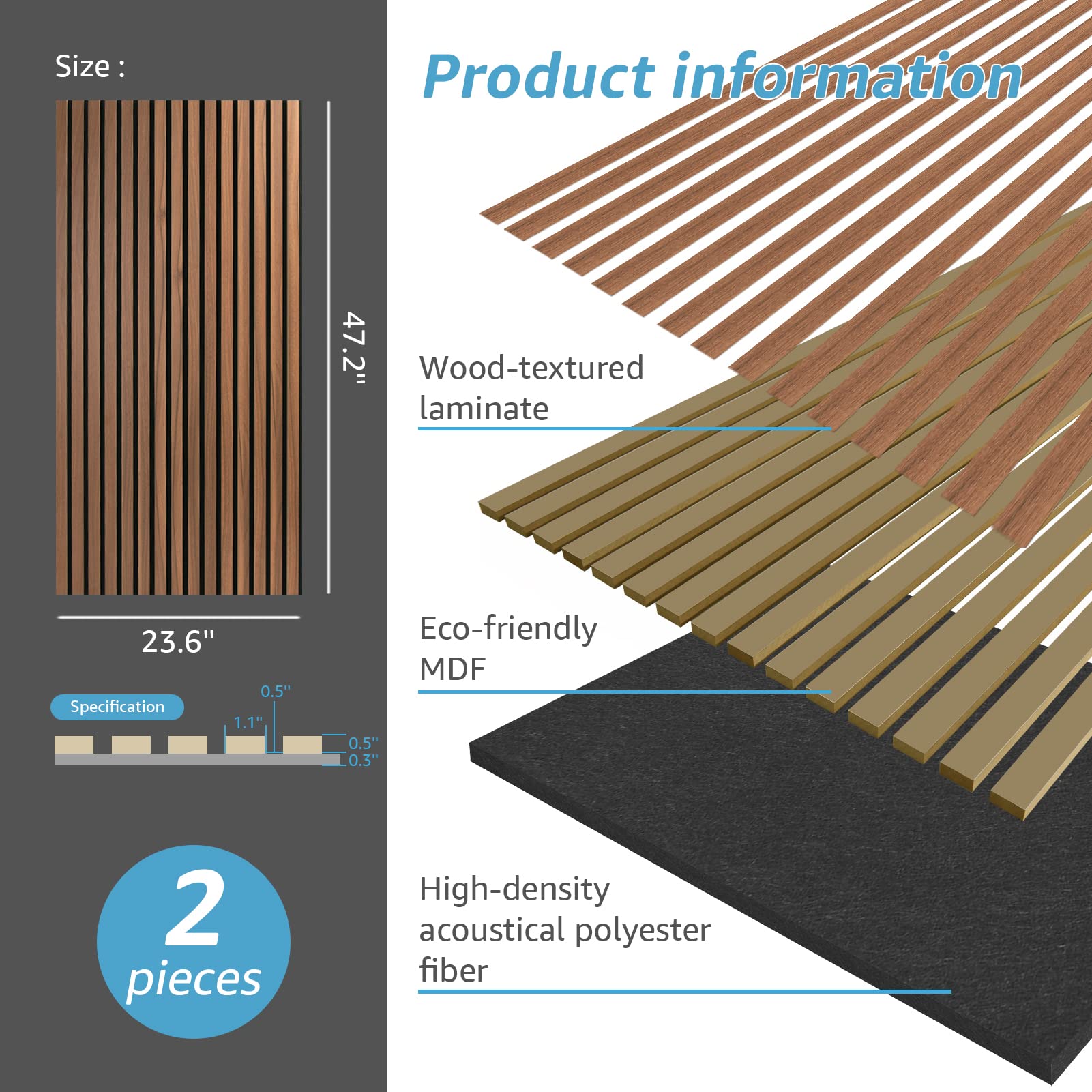 Art3D 2 Wood Slat Acoustic Panels For Wall And Ceiling   3D Fluted Sound Absorbing Panel With Wood Finish   Walnut