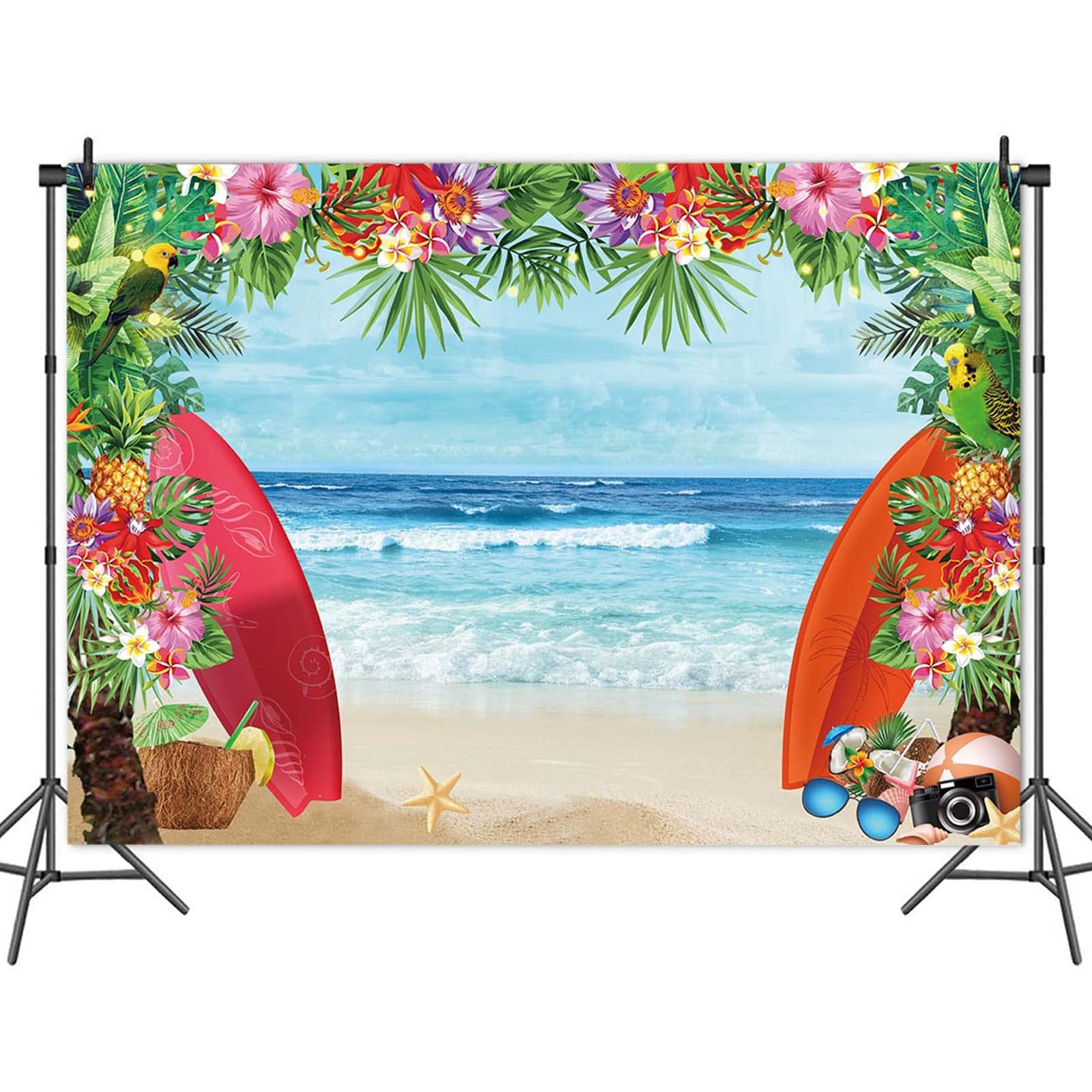 Hqm 7X5Ft Fabric Summer Tropical Beach Photo Background Beach Conch Hawaii Blue Sea Flower Children Birthday Luau Party Photogra