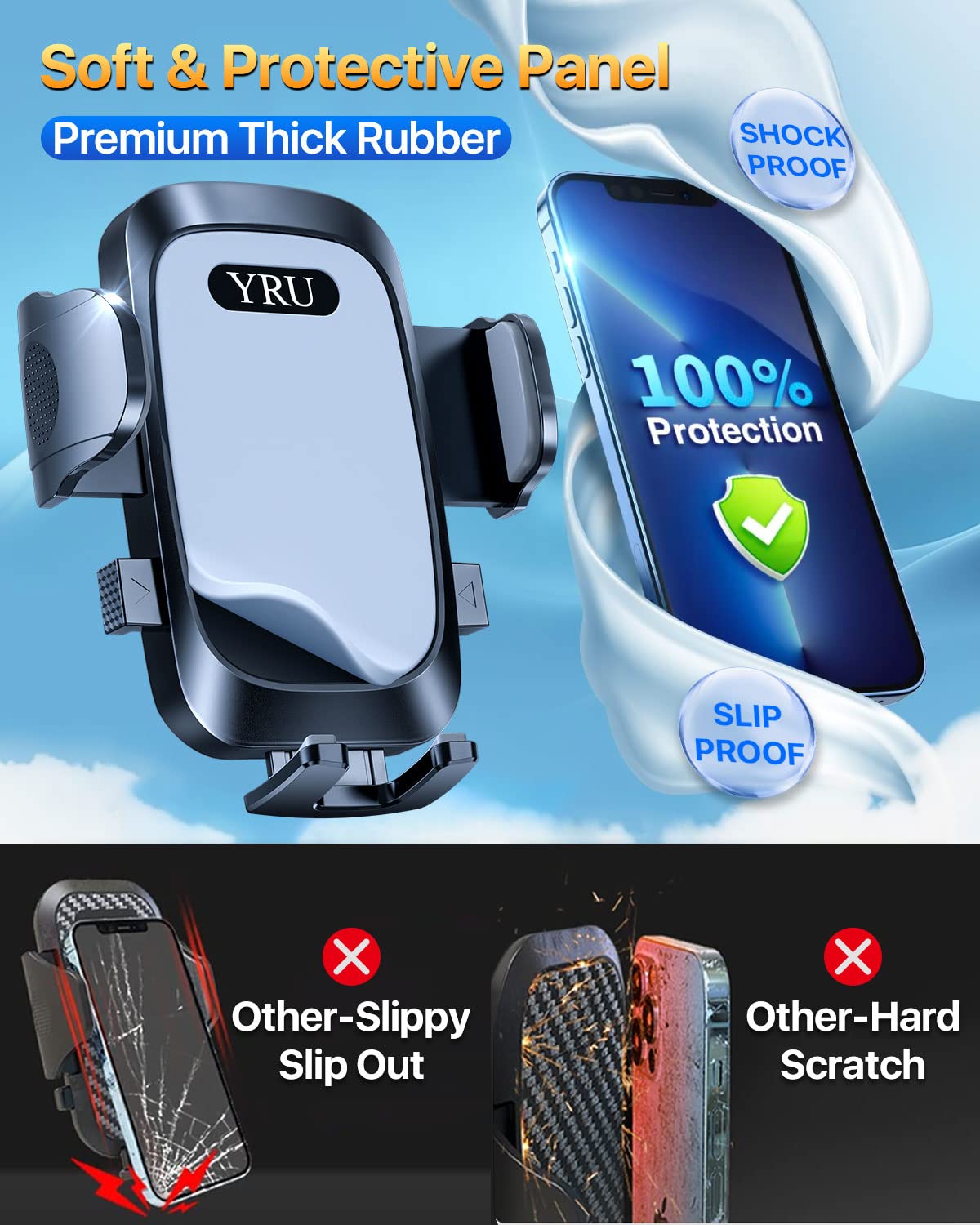 Yru [2024 Upgrade 80Lbs Strong Suction] Car Phone Holder Mount,[Bumpy Road Stable] Dashboard Cell Phone Holder For Car Air Vent Windshield Phone Stand For Iphone 15 14 13 Pro Max Samsung Truck, Grey