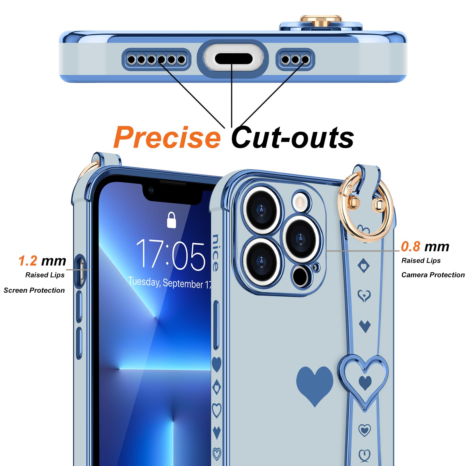 Llz.Coque For Iphone 13 Pro Max Case Cute Love Heart Plating Strap Phone Cover For Women Girls Bling Silicone Camera Lens Protec