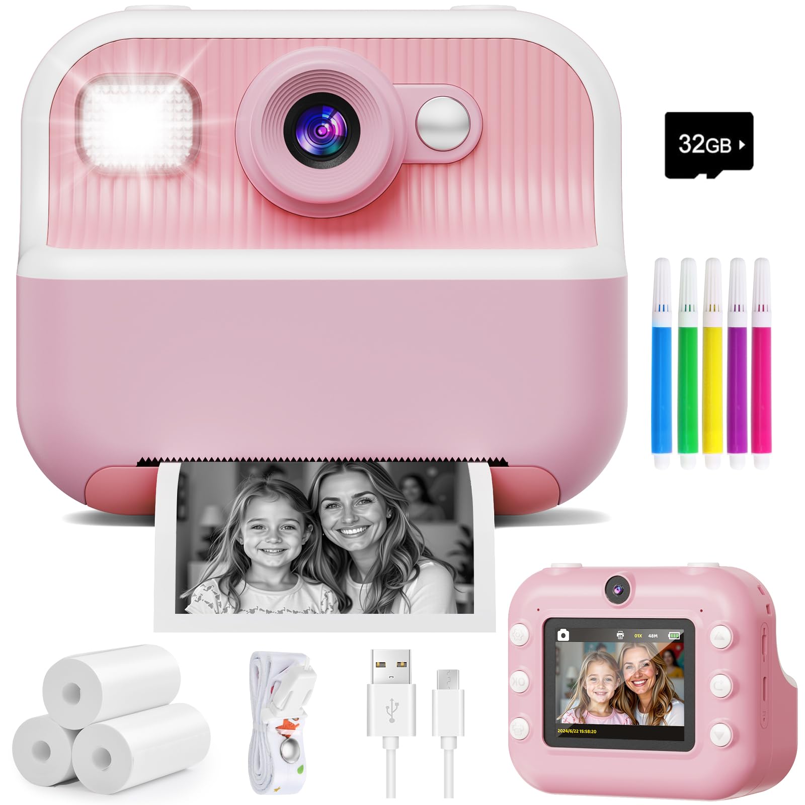 Instant Camera, Front Rear Dual Selfie Kids Camera With 1080P Videos, Holiday Birthday Gifts For Kids Age 3 12, Toddler Portable