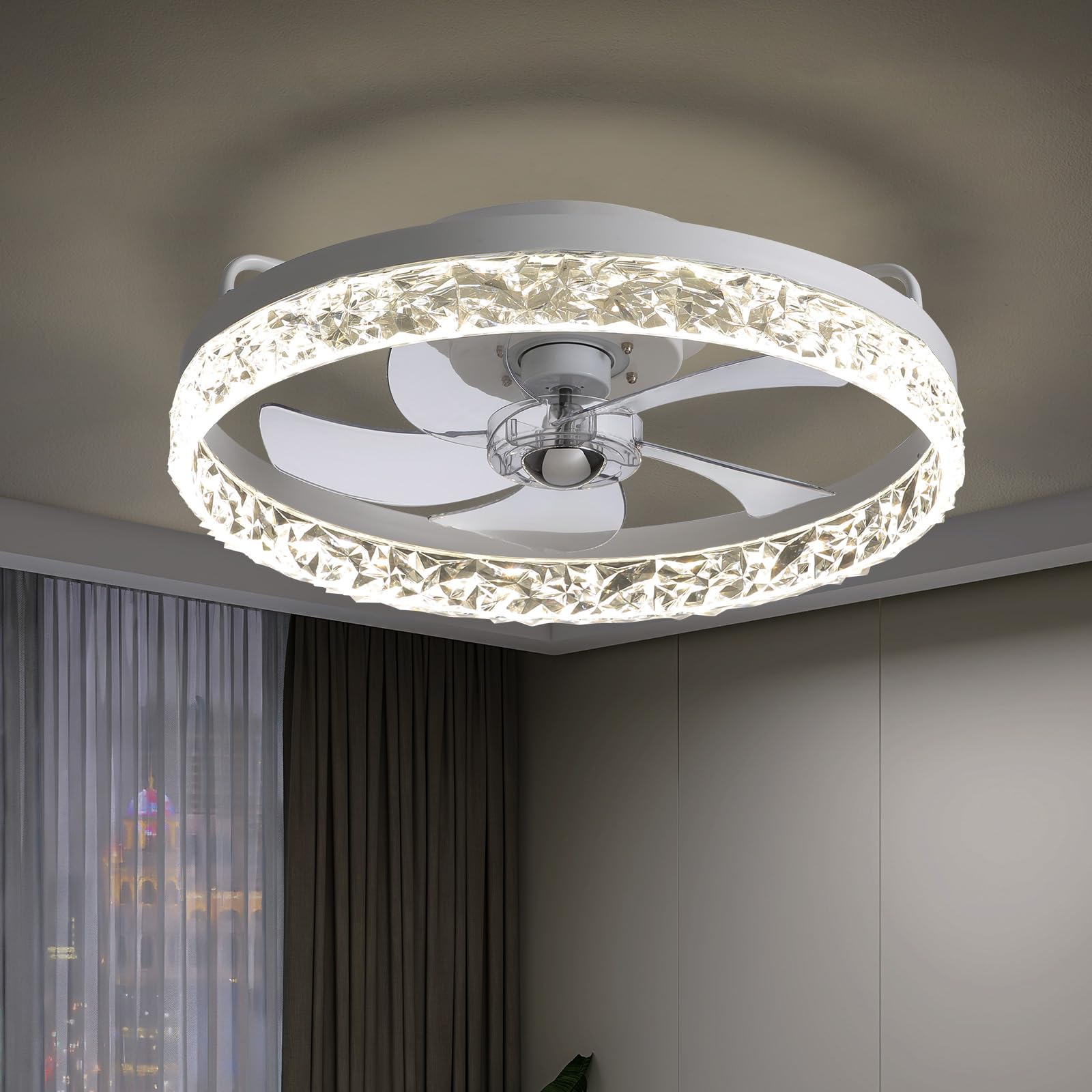LUDOMIDE Ceiling Fans with Lights, Low Profile Ceiling Fan with Remote, 20    Modern Reversible Flush Mount Ceiling Fan, 3 Color