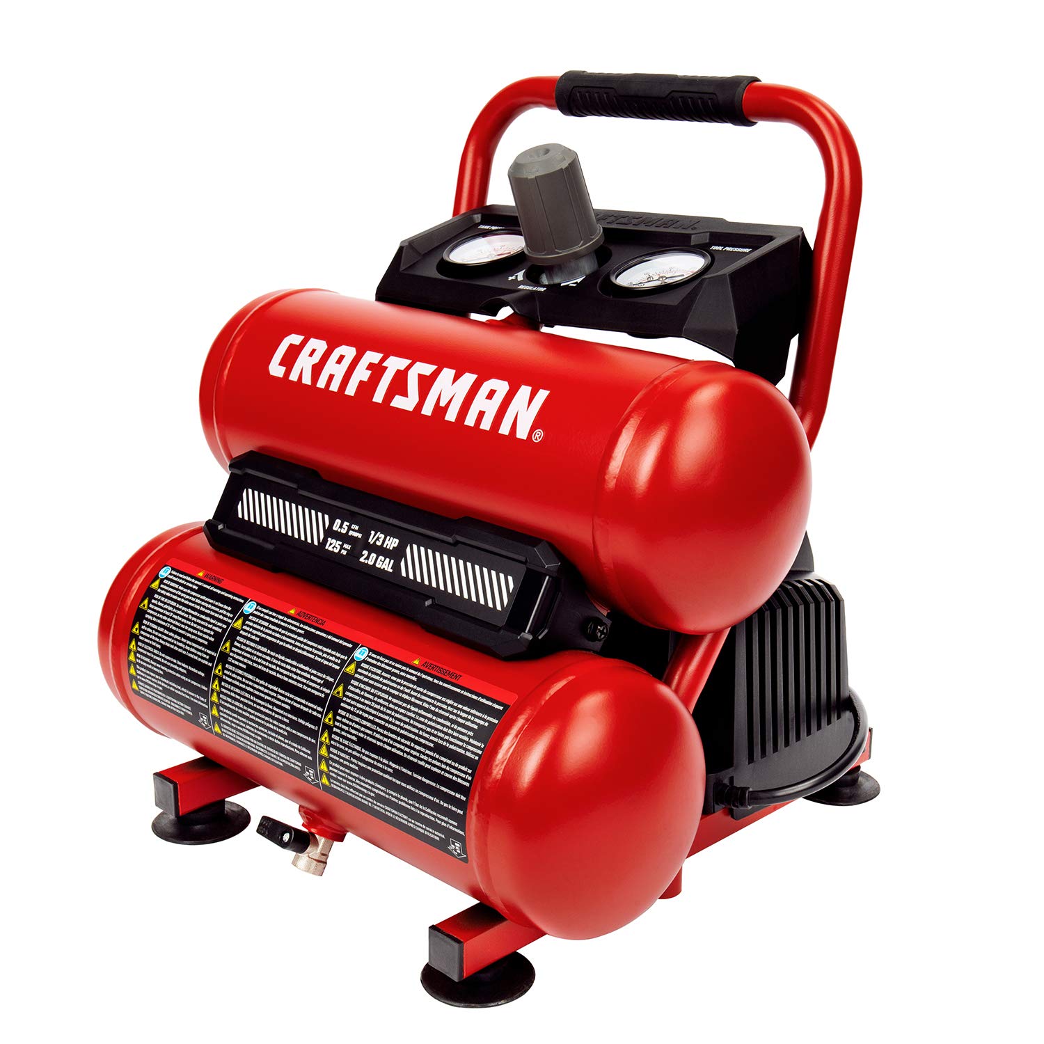 CRAFTSMAN Air Compressor Portable Air Tool Twin Tank 2Gallon, 1/3 HP Oil-Free Max 125 PSI Pressure, Model: CMXECXA0220242, Red