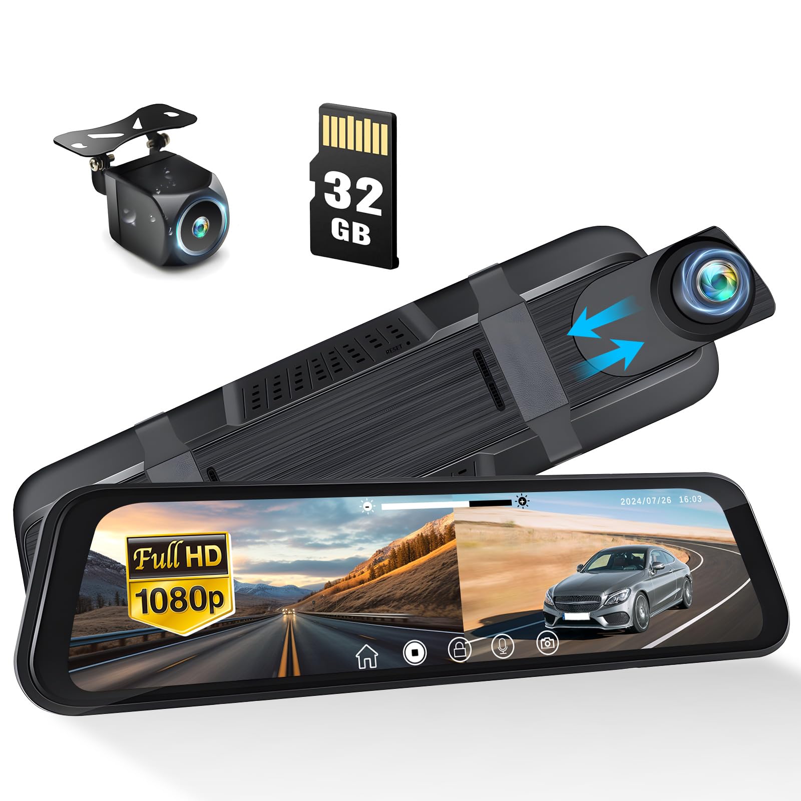 Mirror Dash Cam 9.66' Rear View Mirror 1080P Front And Rear View Dual Cameras,Night Vision,G Sensor,Parking Assistance,24H Parking Monitor,Hd Waterproof Backup Camera Free 32Gb Card For Cars/Trucks