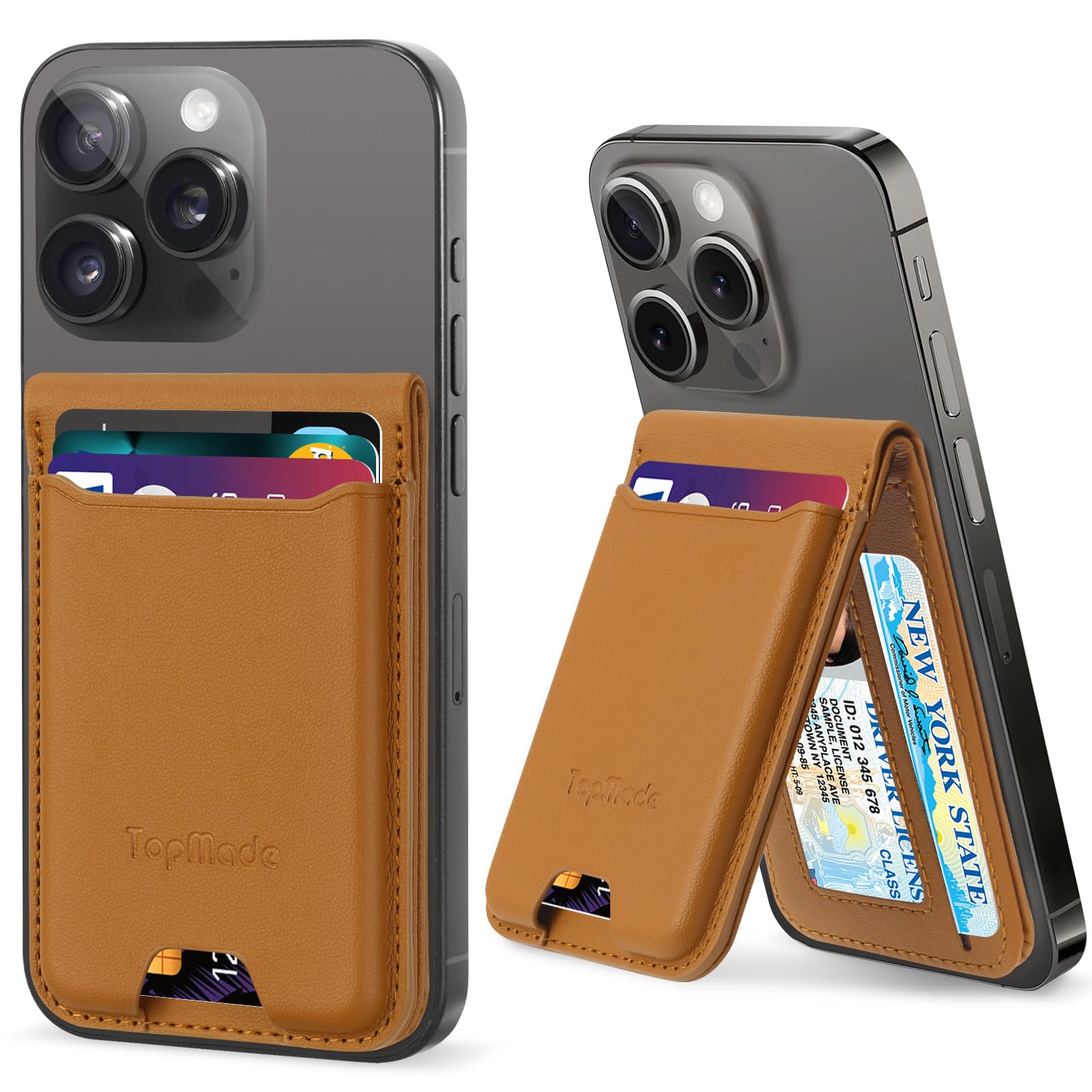 TopMade Phone Card Holder, Leather Phone Wallet Stick on with Stand, Open ID Window, Strongest 3M Adhesive Credit Card Holder fo