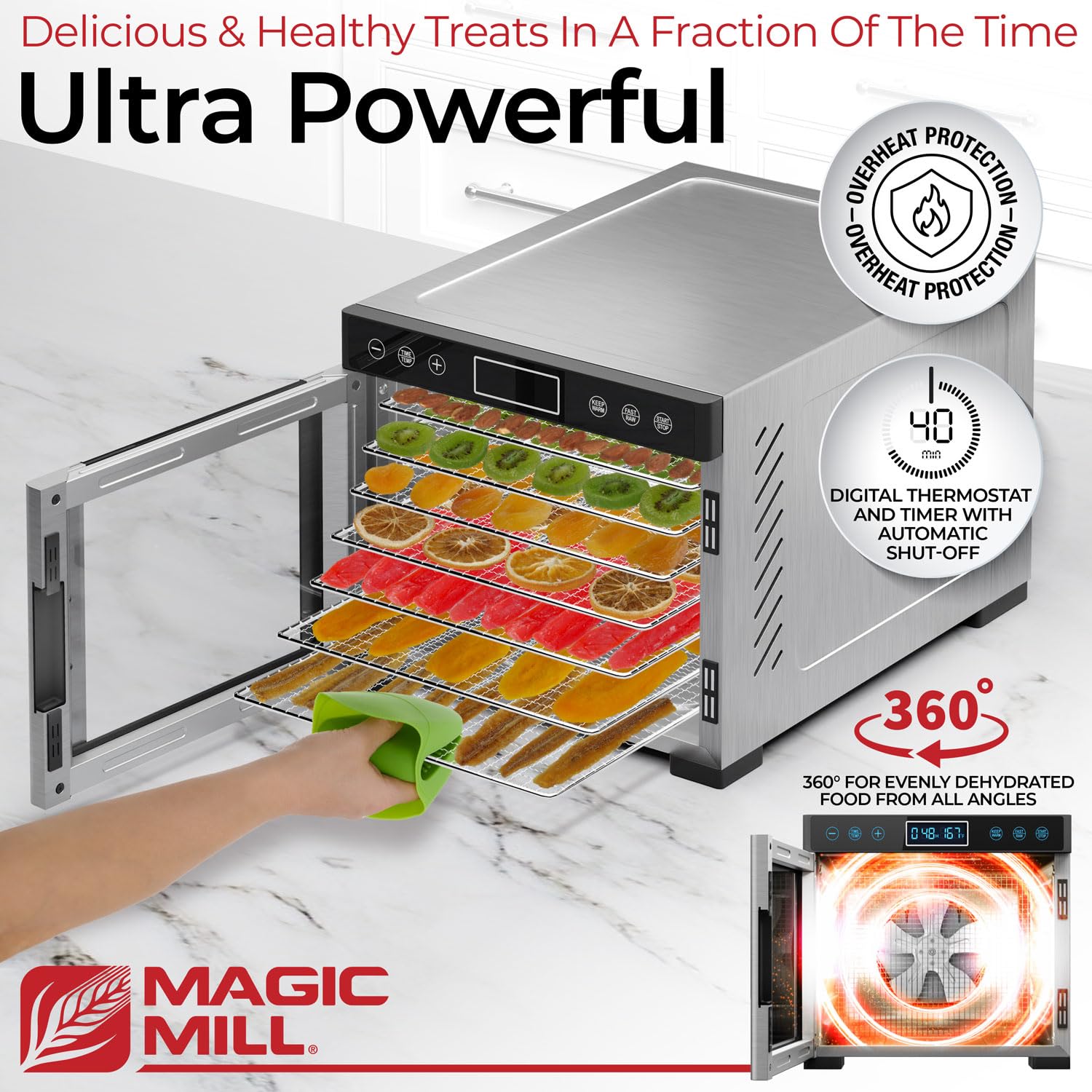 Magic Mill Pro Food Dehydrator Machine | 7 Stainless Steel Trays | Dryer For Jerky, Dog Treats, Herb, Meat, Beef, Fruit | Keep Warm Function, Digital Timer And Temperature Control, Etl Approved